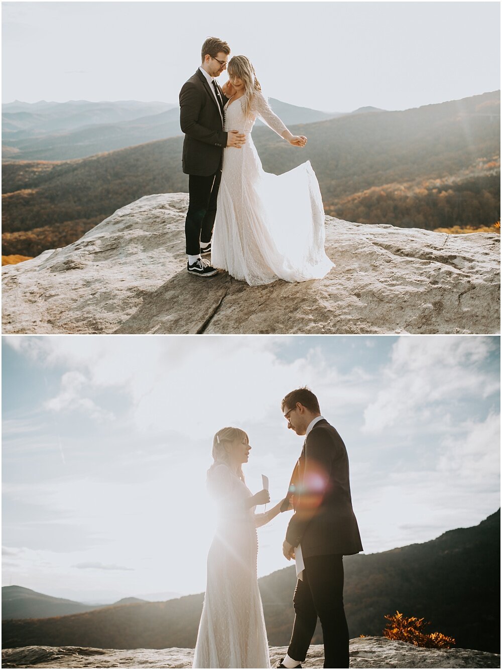 Bride and groom exchanging vows on the mountain.