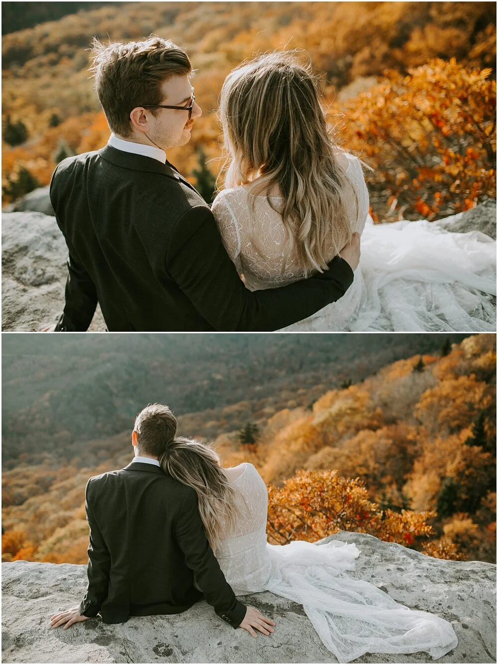 Bride and groom sitting on the mountain with fall foliage in the distance.