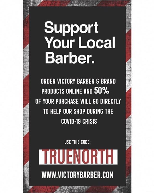 Repost from @truenorthbarbershop
&bull;
Our friends at Victory Barber &amp; Brand&trade; have thought
 of an amazing way to help us out during this hard time. When you purchase Victory Barber &amp; Brand products with our shop code,
50% of your purch
