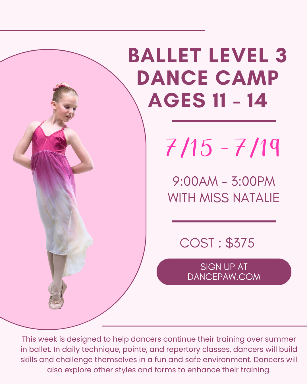 Ballet Level 3 Intensive Week Ages 11 - 14 with Miss Natalie