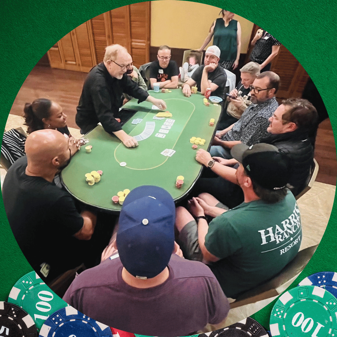 Group of players around a poker table playing poker