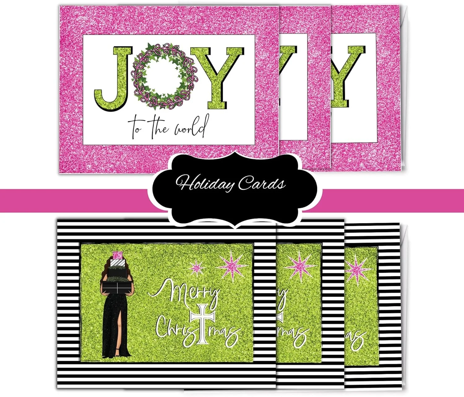 Pink and Green Christmas and Holiday Cards