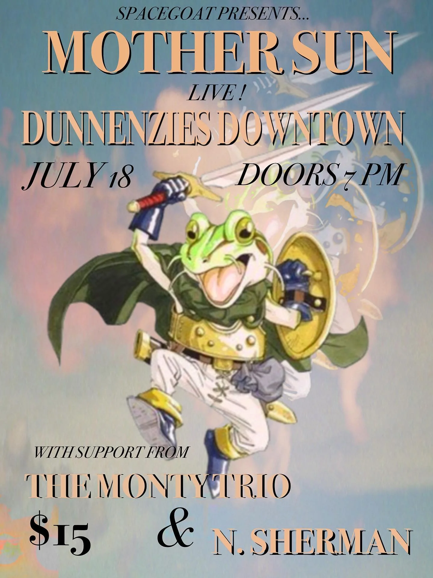 kelowna! 🐸⚔️
friday july 18th at @dunnenzies.downtown with @nshermanmusic and the monty trio we are battling wizards together ⚡️ 🧙&zwj;♂️ 
🎫 tickets at the door
