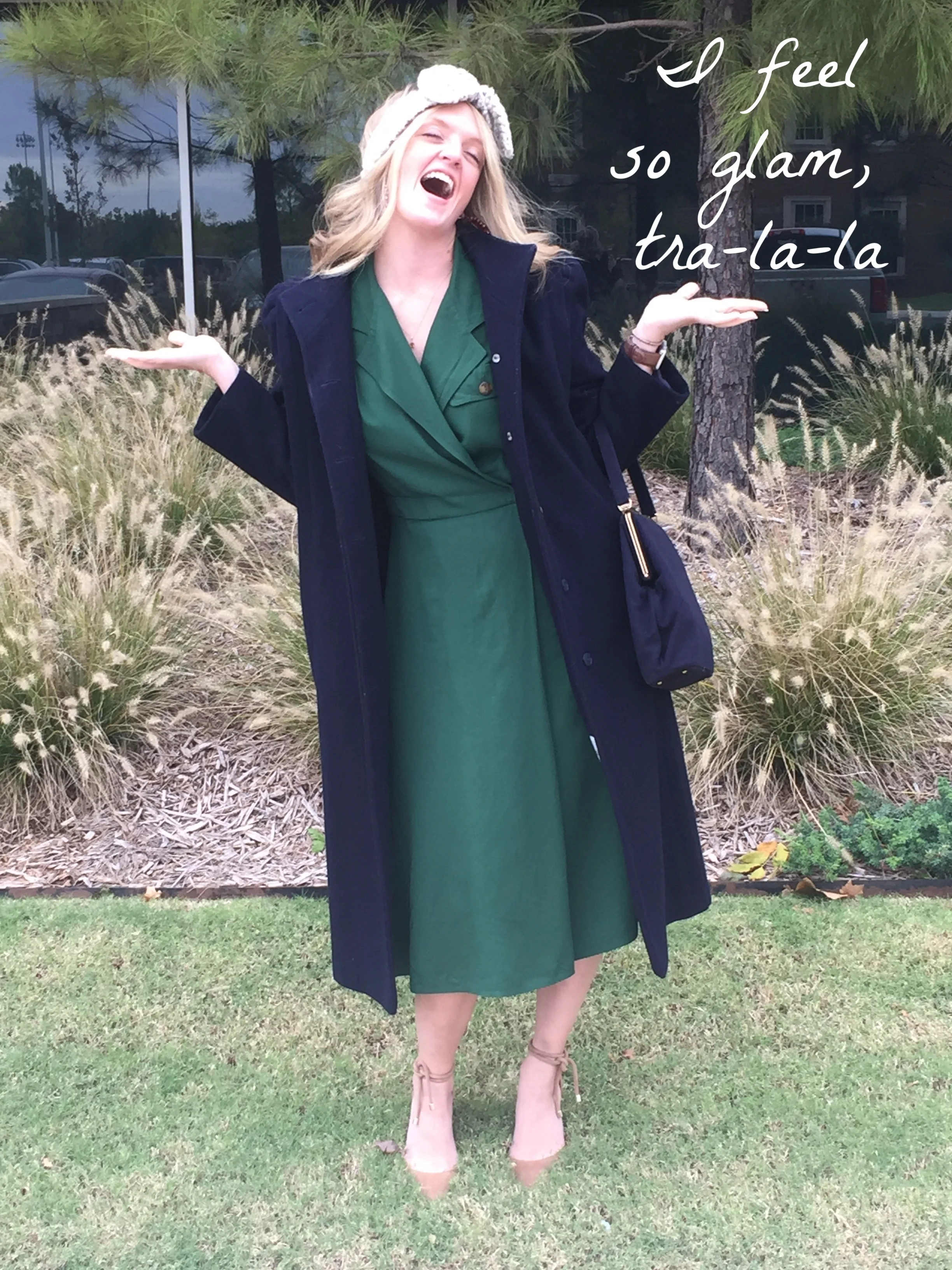 Emerald green vintage wrap coat dress 1980s