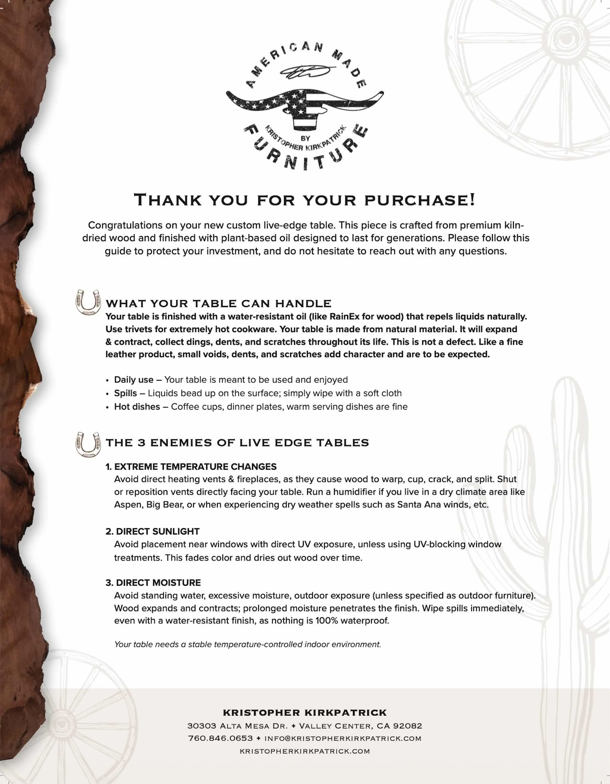 Printable Care & Maintenance Flyer for Kristopher Kirkpatrick custom live edge tables – includes daily care, maintenance oil instructions, enemies of wood, and annual schedule