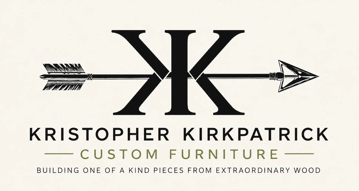 Kristopher Kirkpatrick Custom Furniture logo featuring a mirrored KK monogram with a horizontal broadhead arrow.