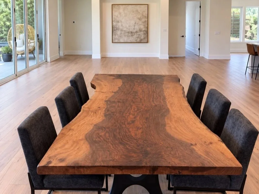 Custom Bastogne walnut live edge dining table featuring richly figured wood grain, natural edges, and black upholstered chairs in a bright, modern dining room.