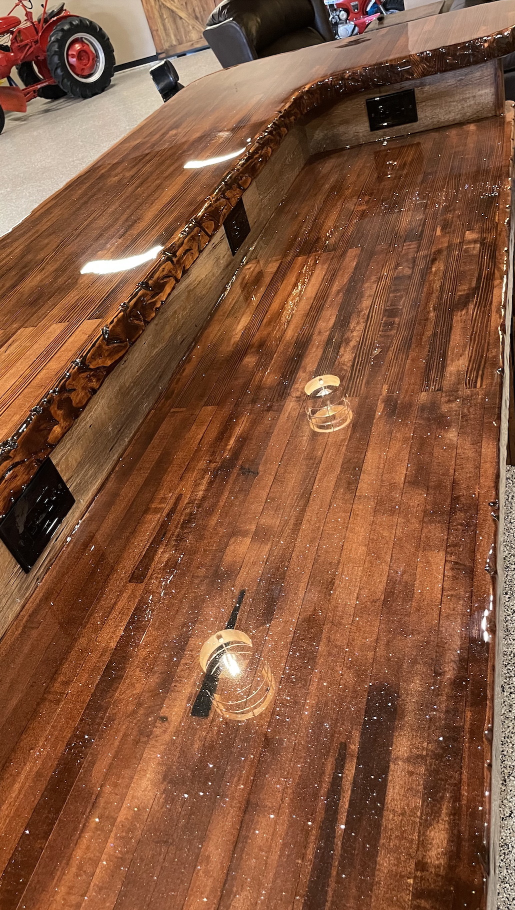 Reclaimed Bowling Alley Countertops in Airplane Hangar