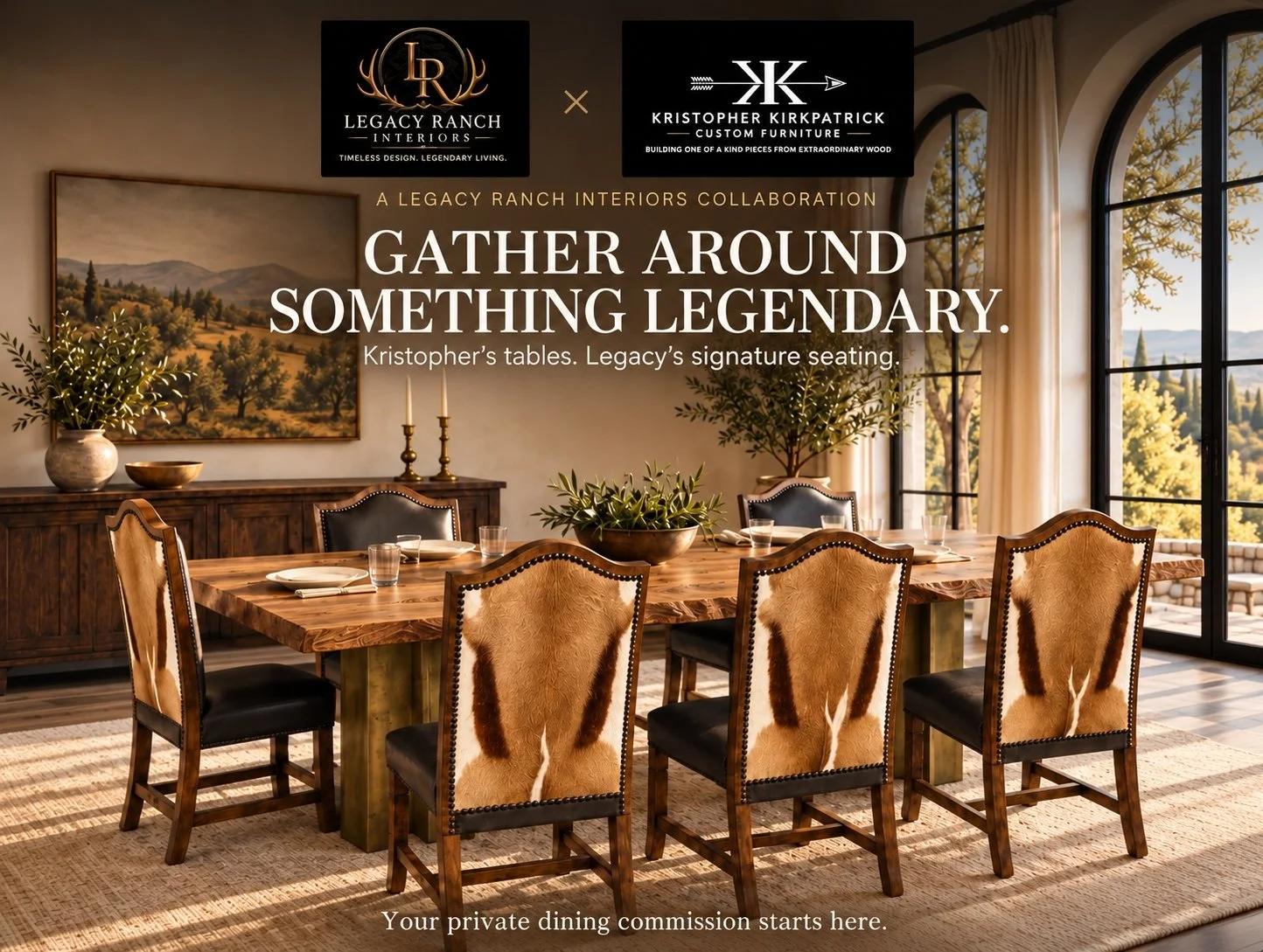 Digital rendering of a custom live edge white oak dining table on brass-plated pedestal bases, paired with cowhide upholstered dining chairs from Legacy Ranch Interiors.