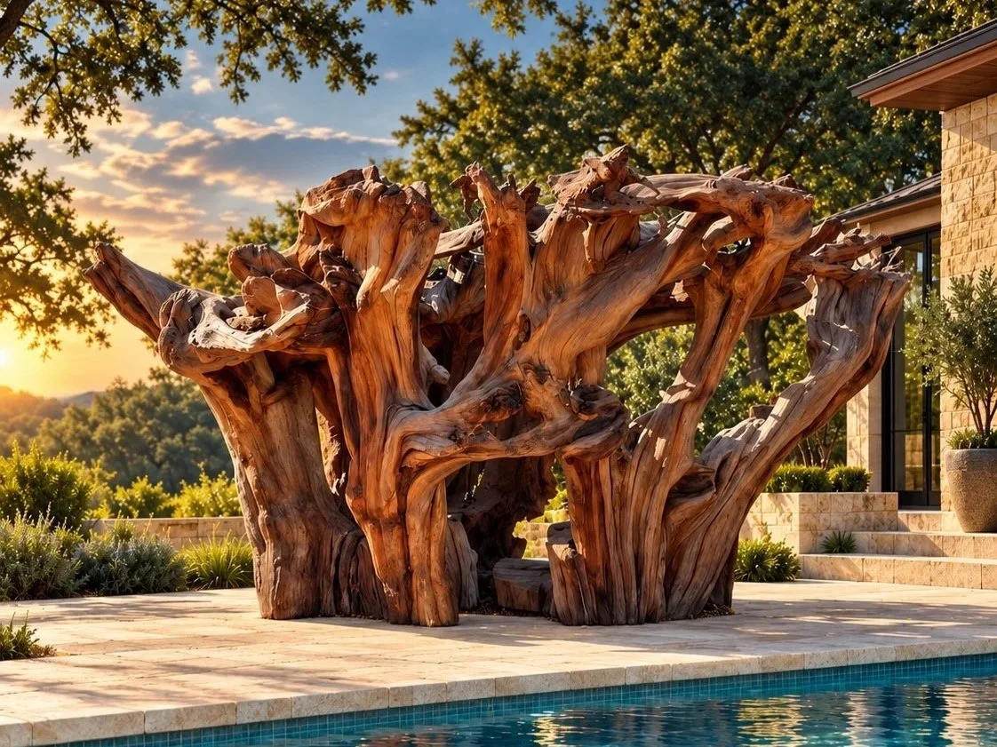 Sculptural gazebo concept featuring a 1,000-year-old old-growth redwood root structure with natural wood formations, carved seating, and openings resembling windows.