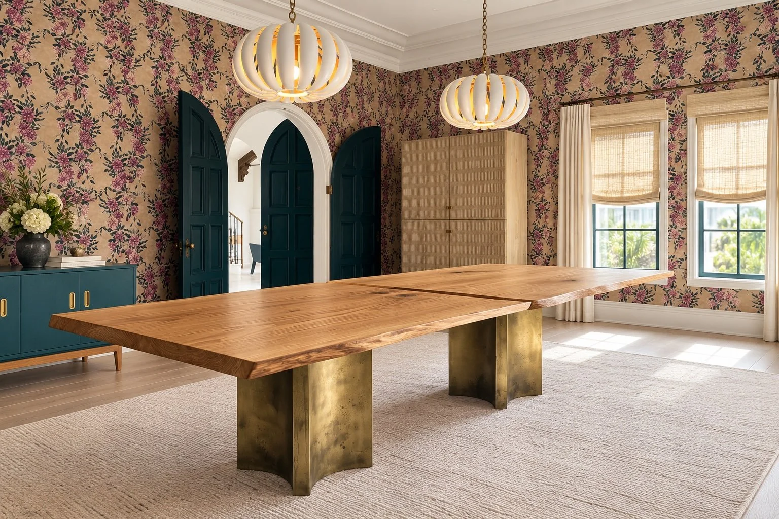 Custom live edge white oak dining table with natural wood grain and sculptural brass pedestal bases in a luxury San Francisco home.