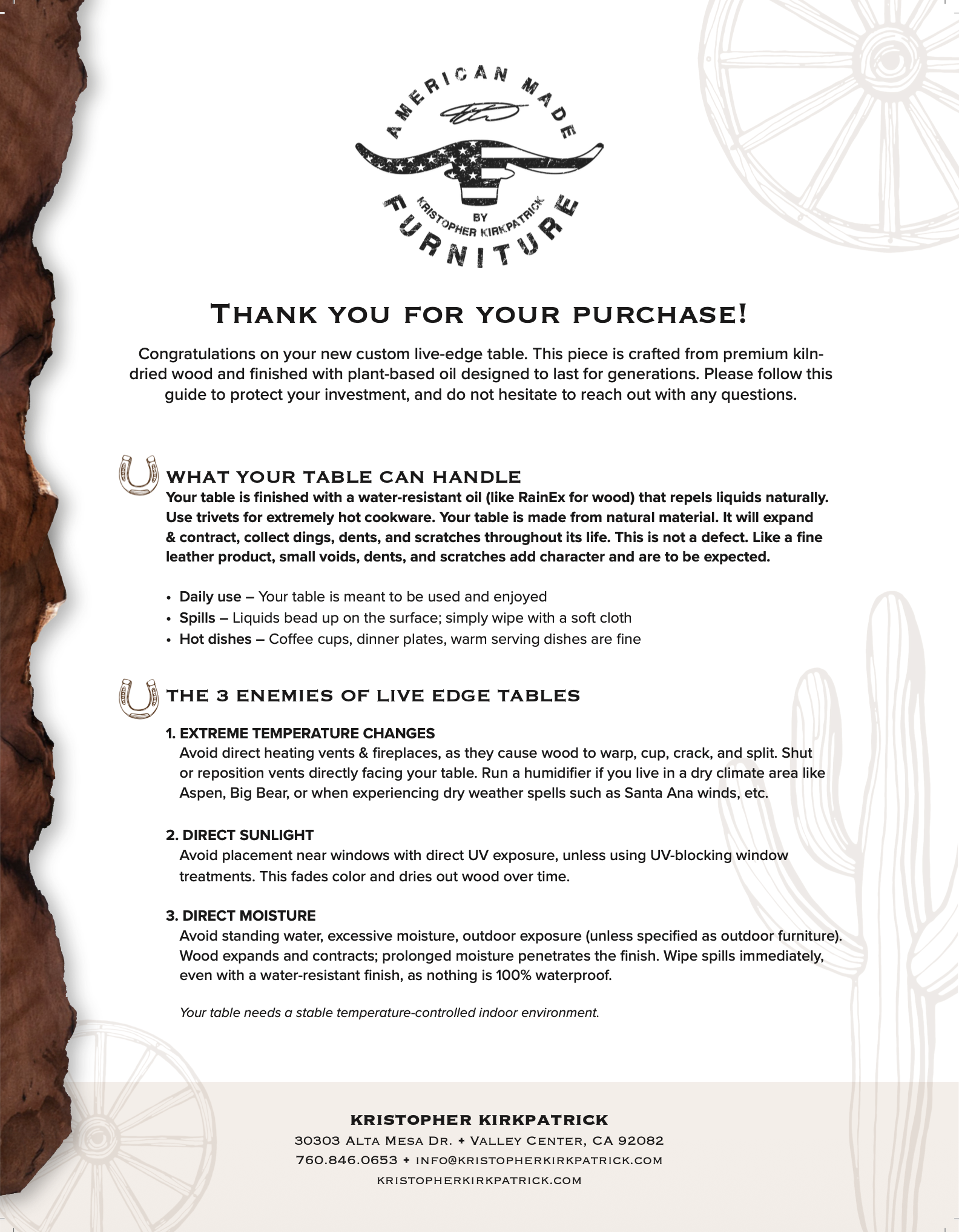Printable Care & Maintenance Flyer for Kristopher Kirkpatrick custom live edge tables – includes daily care, maintenance oil instructions, enemies of wood, and annual schedule