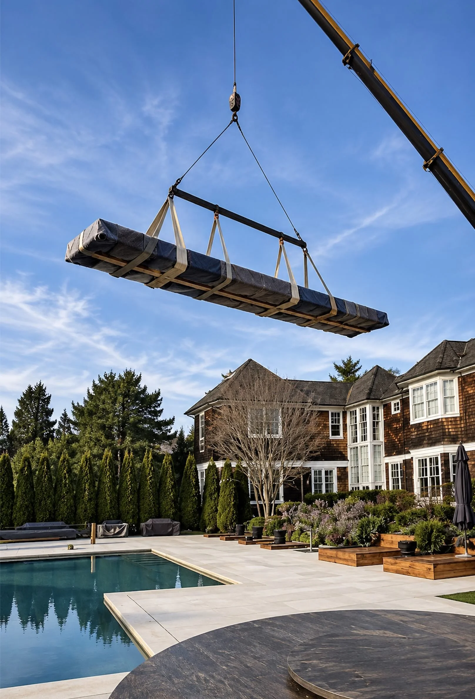 Crane installing a 25-foot Claro walnut live edge table at a Hamptons residence