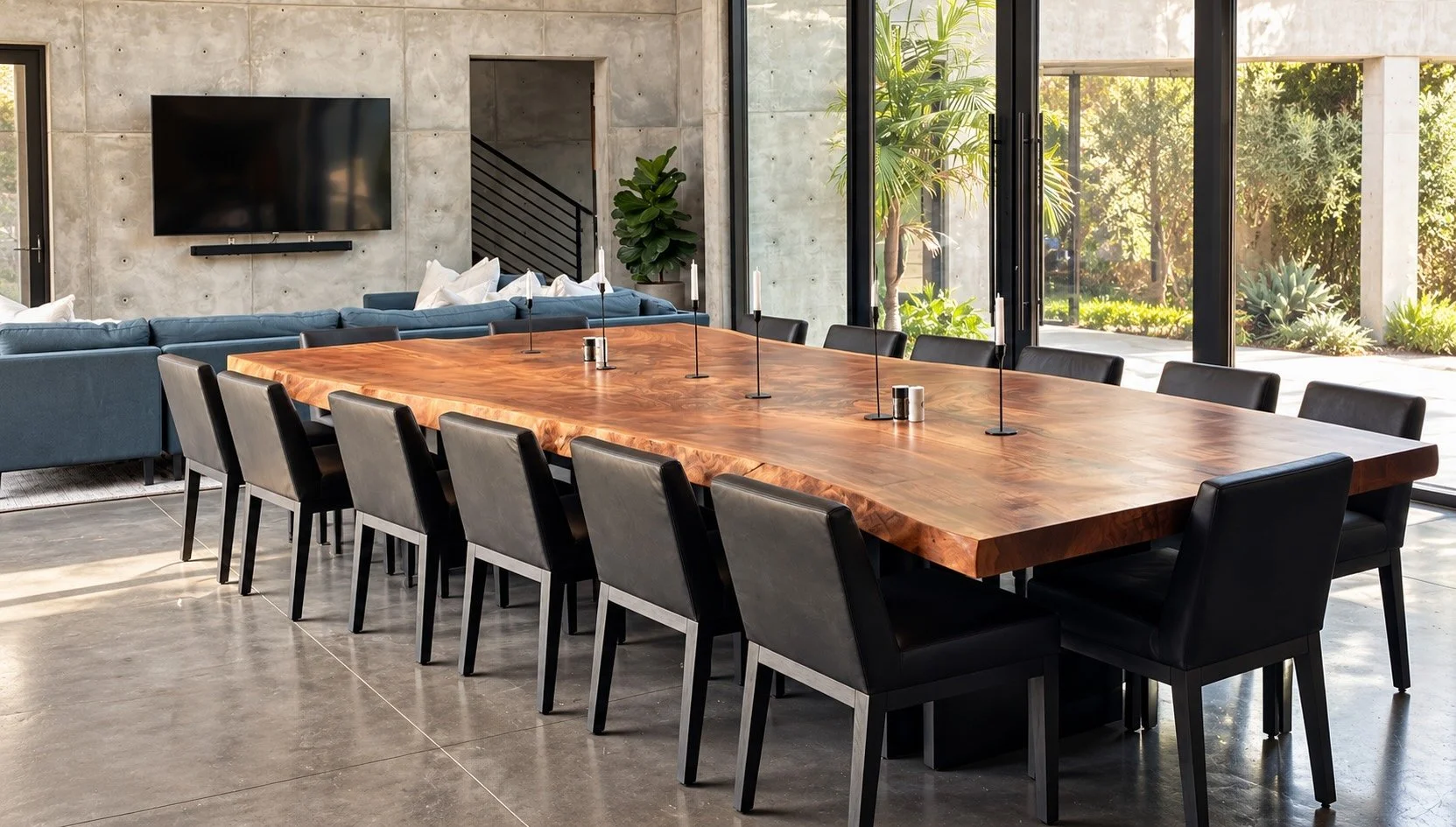 Custom single-slab Claro walnut dining table with an exceptionally thick live-edge top in a modern concrete Los Angeles home.
