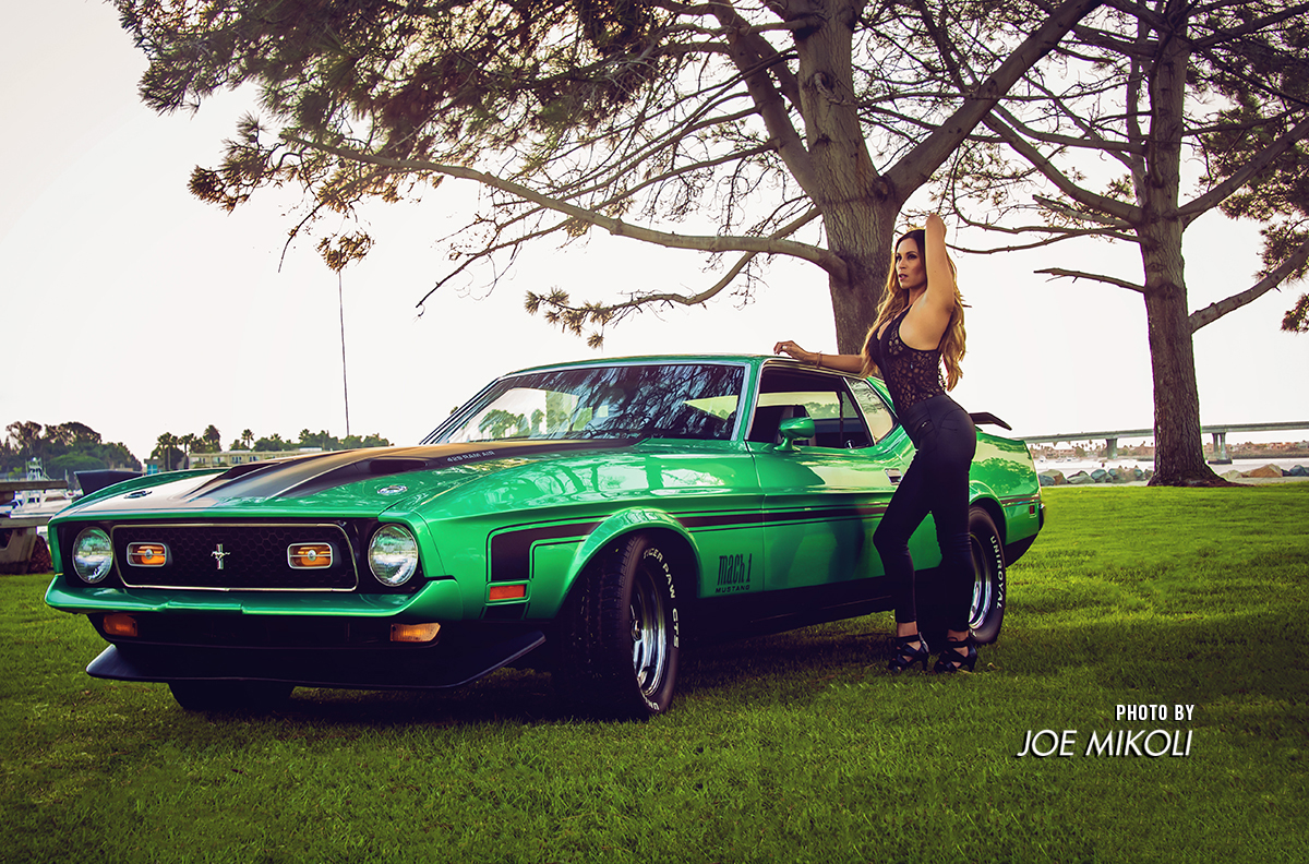 Fitmom Nikki with the Mustang Mach-1 during an overcast day using all natural light to capture this photo in Pacific Beach, CA