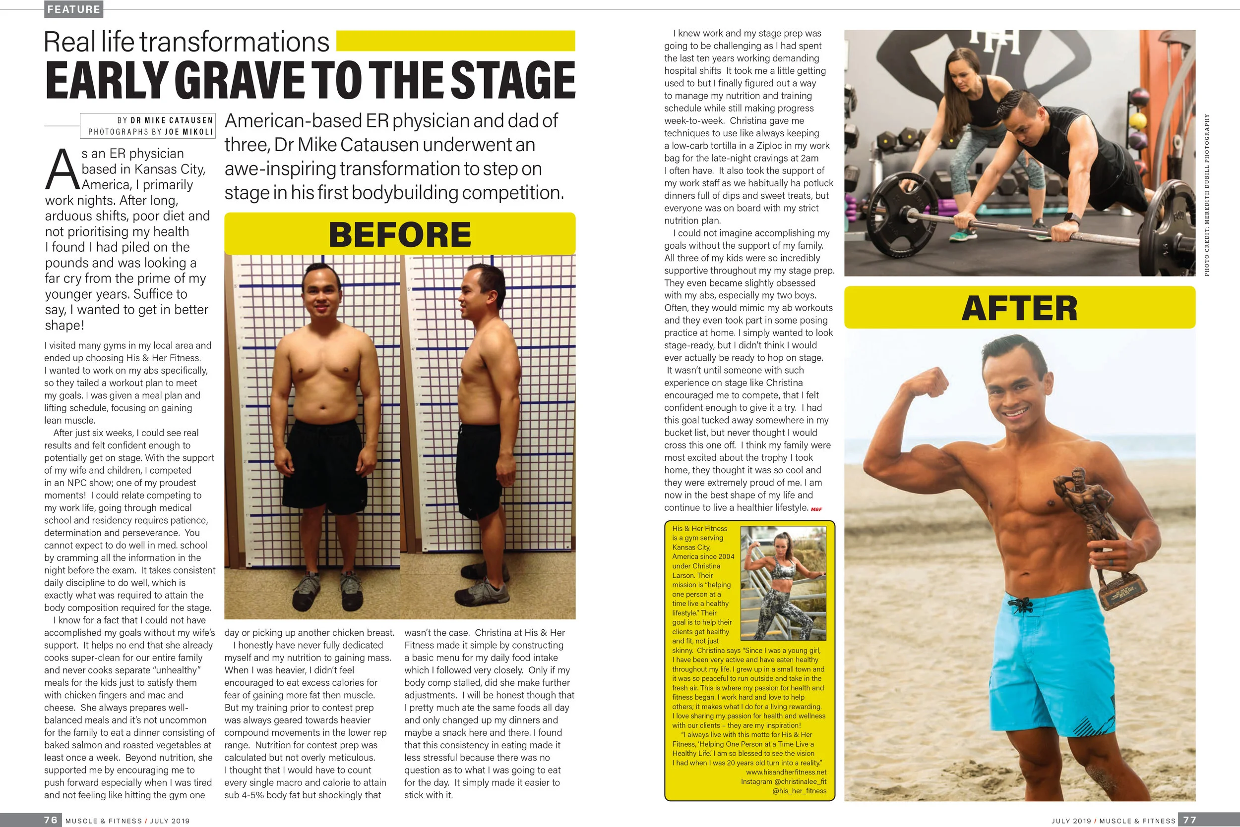 Tearsheet from Muscle & Fitness UK featuring Christina Larson and client Michael in July 2019 issue.
