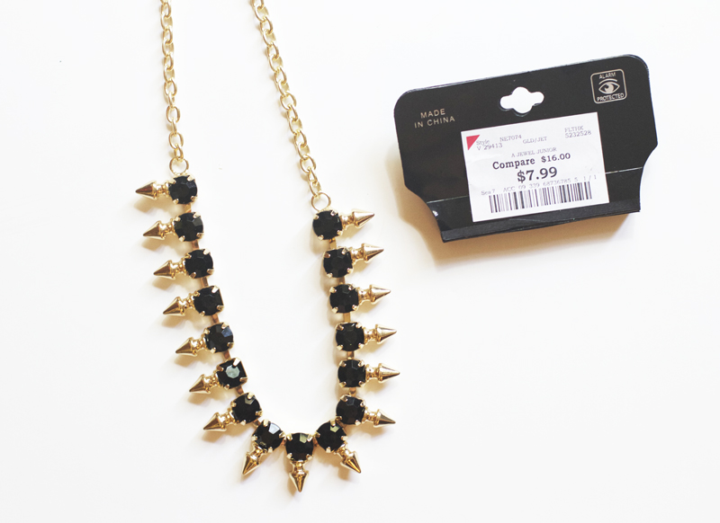 I found this necklace at Burlington coat factory for $8. It even came with two earrings! Studded jewelry is really in right now and I thought it would look great with the yellow clutch I had. 
