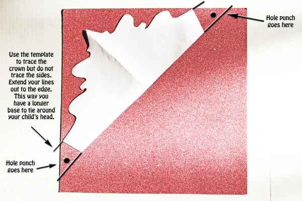 Ok, to start the craft you need to download my free template and print it out. Click here to download: Princess Glitter Crown Next you will need to trace the crown onto your glitter paper. The back of the paper is white and my template is white so I'm showing you on the glitter side just for the tutorial, but trace it on the other side. You will need to extend the sides out just like shown above. I did this so you can print the template out on a normal 8 1/2" x 11" piece of paper. You will get 2 crowns out of one sheet of paper.