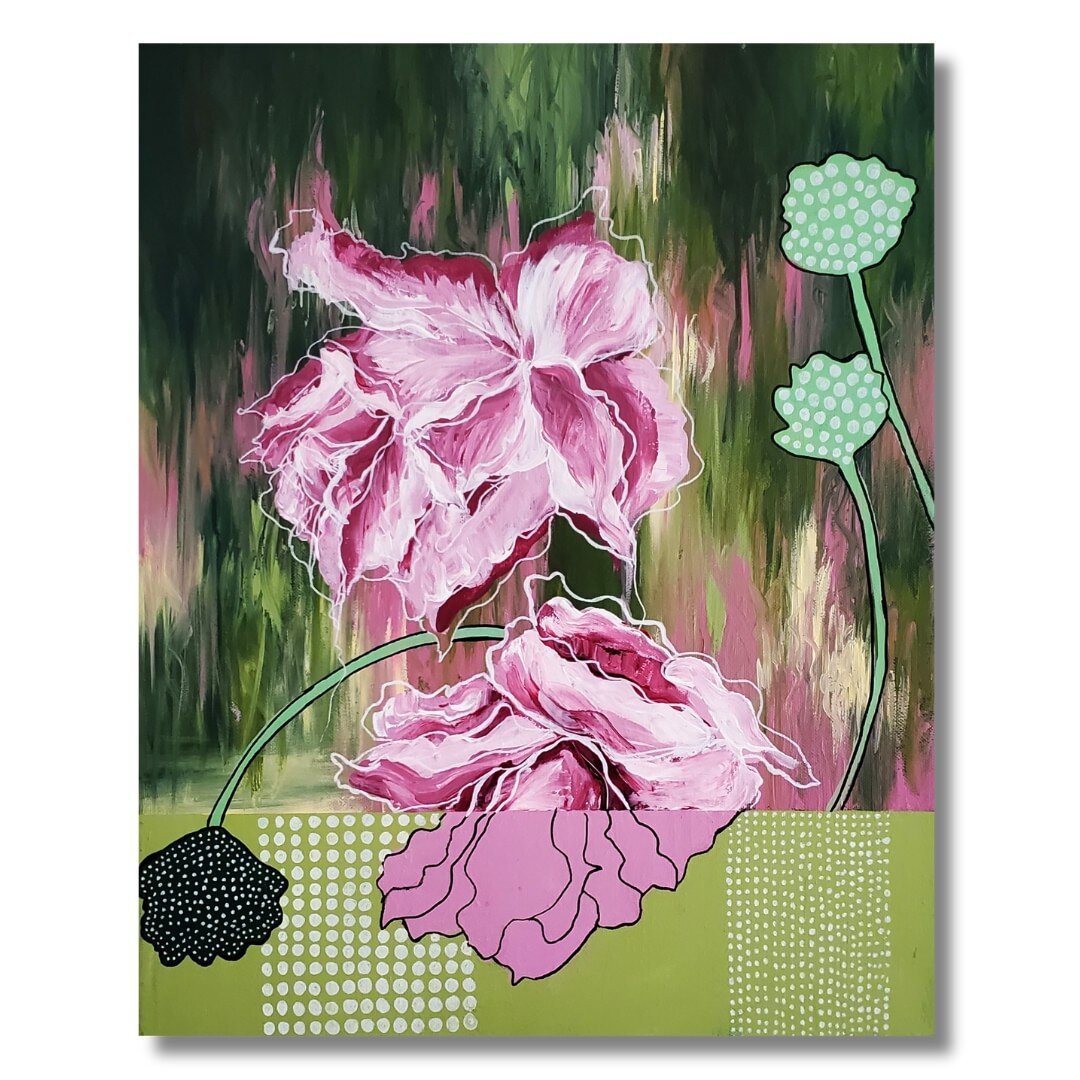 A couple of works found from the archives. I've been having a huge clean-up to make space in our home for our new arrival due very soon. 
These first piece is in cubist style and features beautiful pink blooms. 
The second work is a combination of im