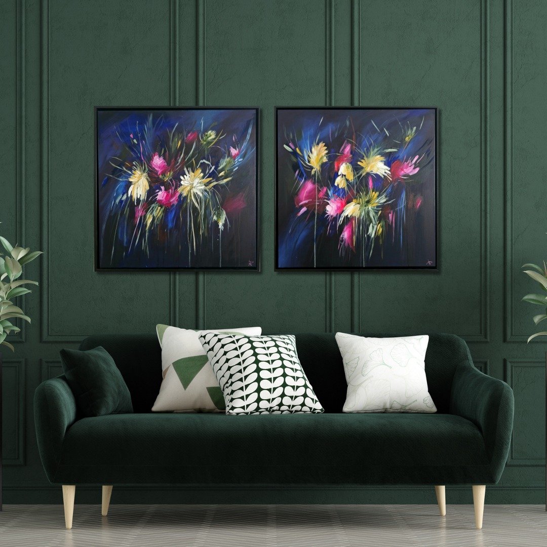 Just In Time and Starry Night, looking beautifully styled together. 
If you'd love these in your home, reach out to me for more info. 
.
.
.
.
.
.
#midnightblue #feminineart #floralart #blackframe #natalieparkerstudio #abstractfloralart #artforthehom