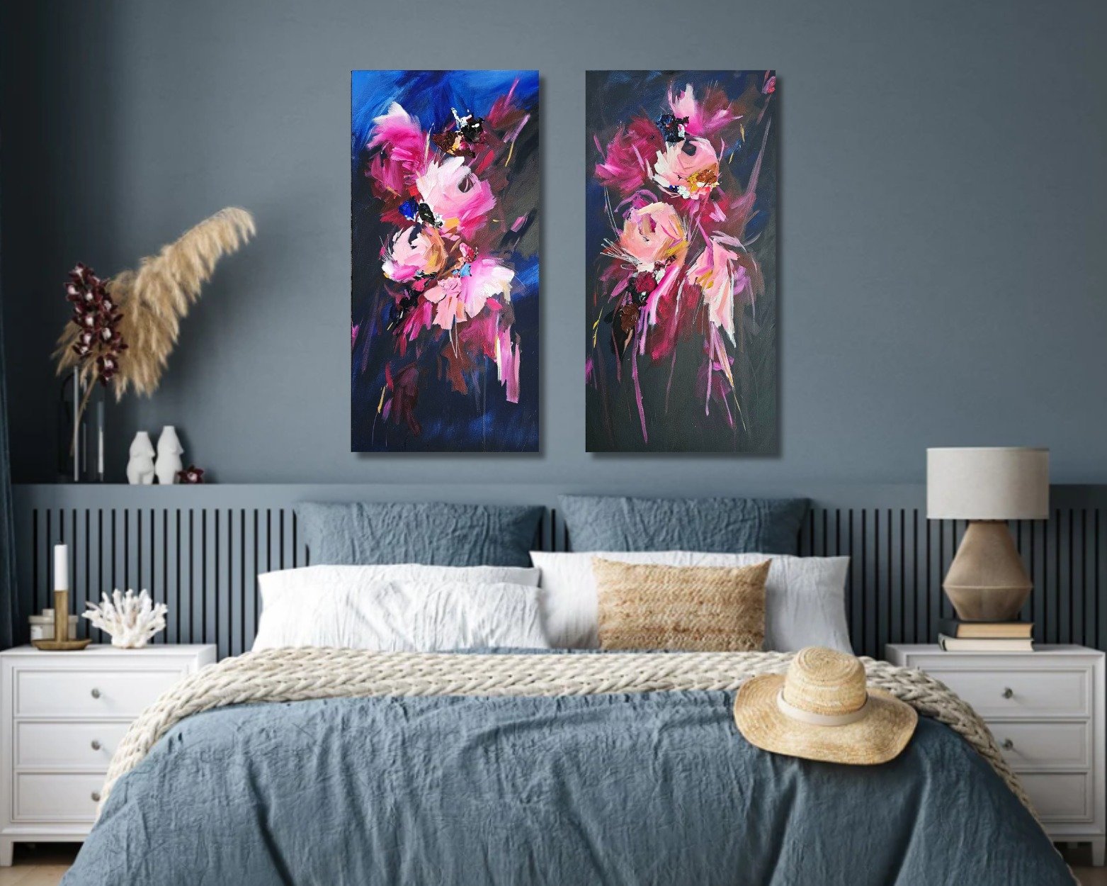 HOT off the press!
It's a sweet miracle I got these two finished and listed today. 
They are so beautiful together and therefore I've named them, Beautiful Things 1 &amp; 2.
With yummy rich midnight blue backgrounds and lush pinks, these pieces are f