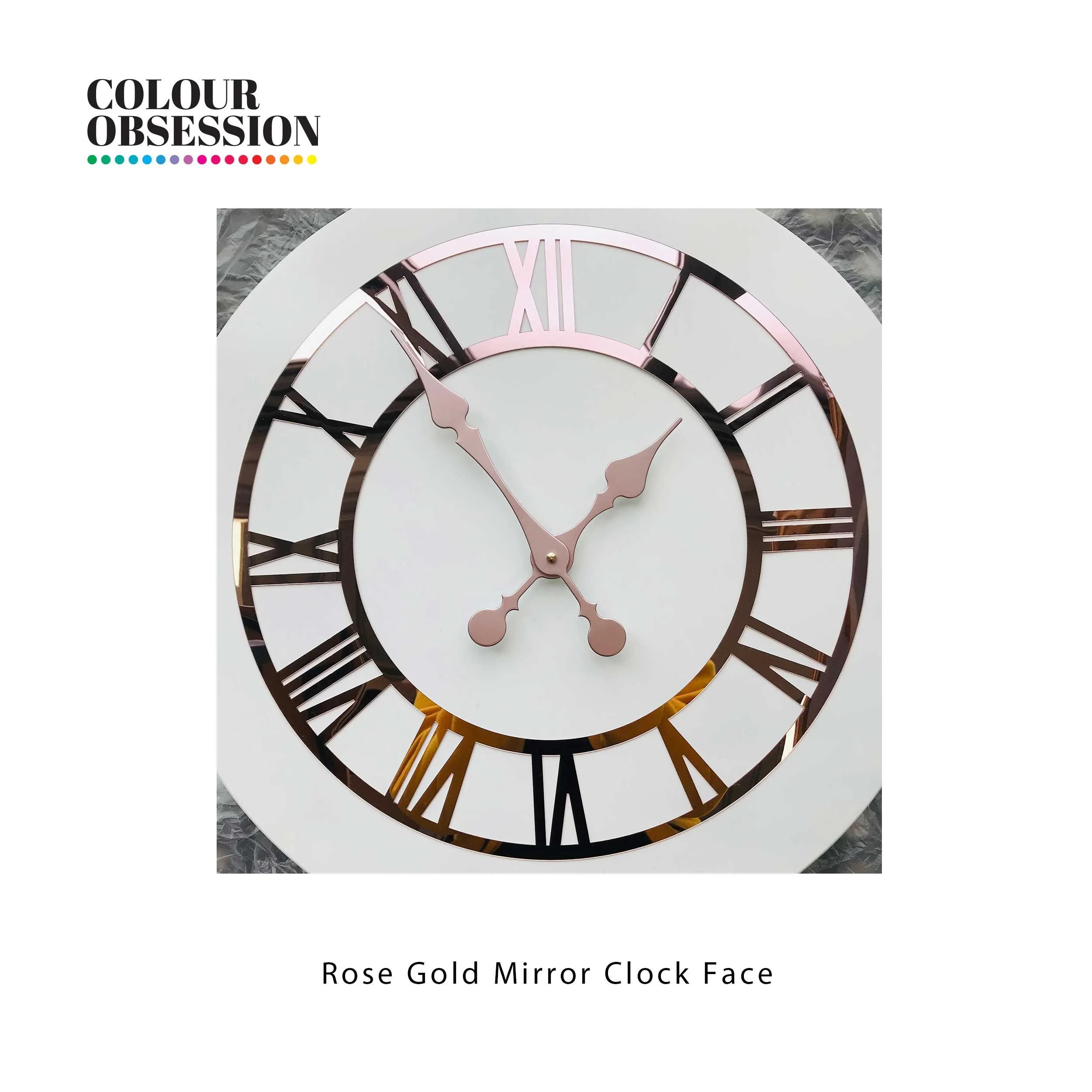 Rose Gold Mirror Clock Face with clock hands