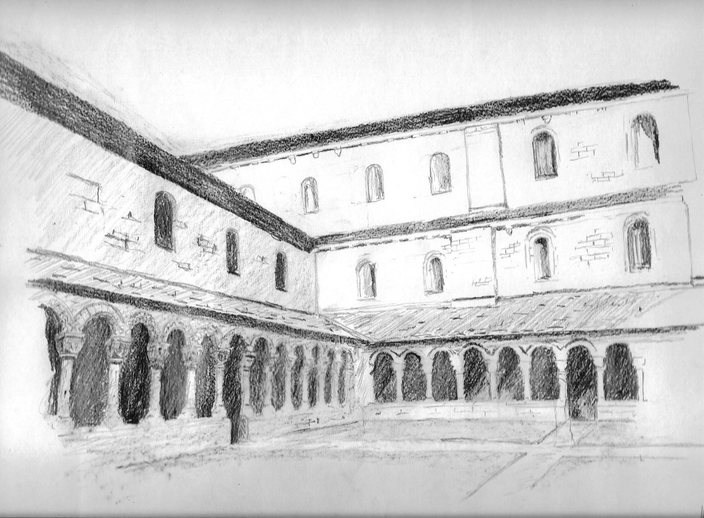  A sketch of the Hyde Abbey cloisters by Ross Lovett 