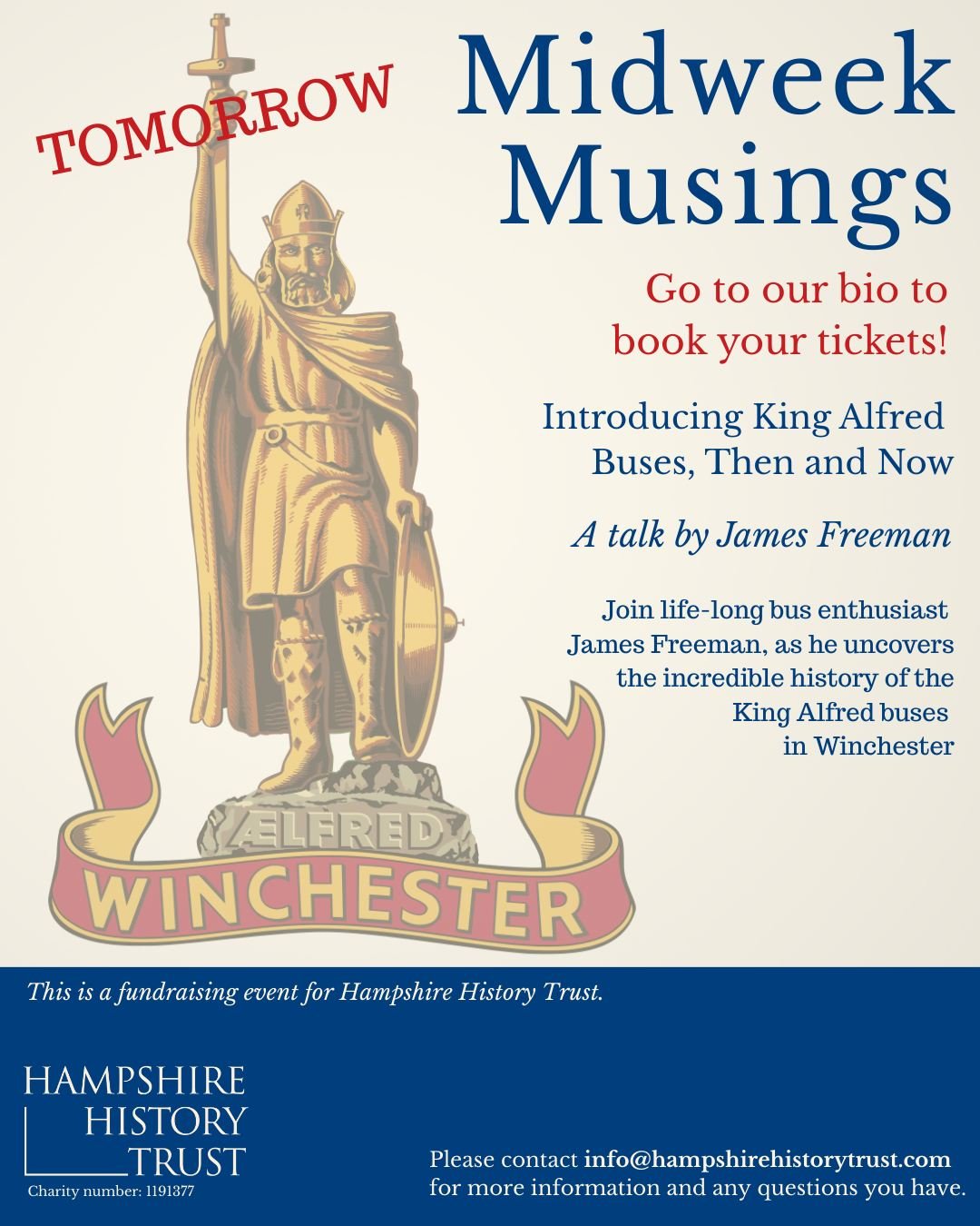 ❗️There's still time to grab tickets for the first midweek musings of 2026 - 'Introducing King alfred Buses, Then and Now'. 🎫

Join James Freeman this Thursday (22nd) at the United Church in Winchester to learn about the facinating history of the ic
