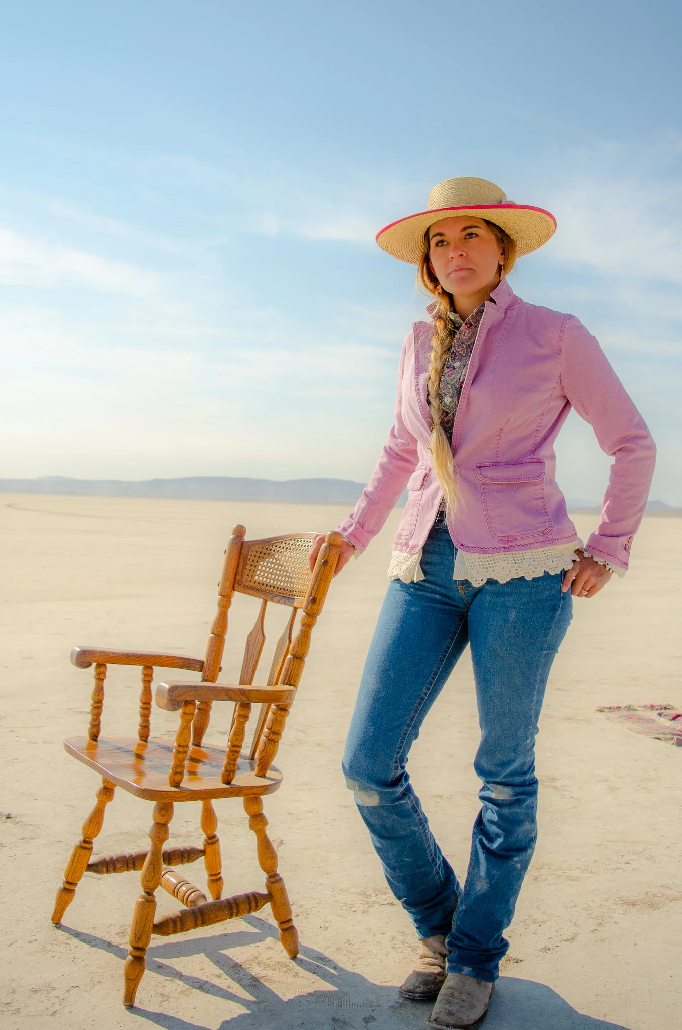 Morgan is oh-so-classy in this vintage, half-button paisley shirt and Desert Boutique re-worked jacked. Look also includes Kimes Ranch Jeans, a Sunbody hat, and Justin boots.