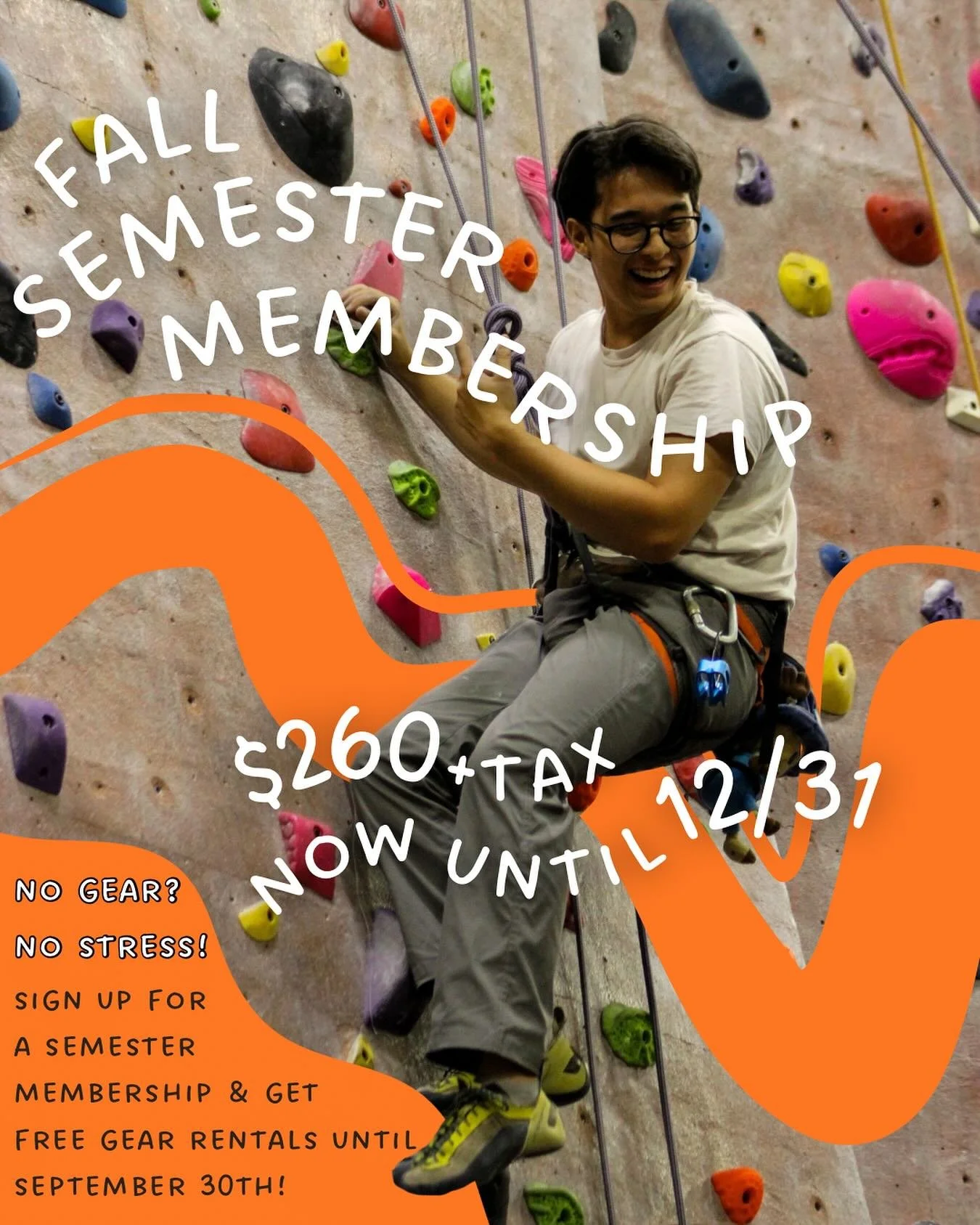 🚨We are now offering our semester membership to students, teachers, and nurses!!🚨 Fall semester memberships are now live, you can pay one flat rate to climb from now until the end of the year! Plus, if you don&rsquo;t yet have your own gear, rental