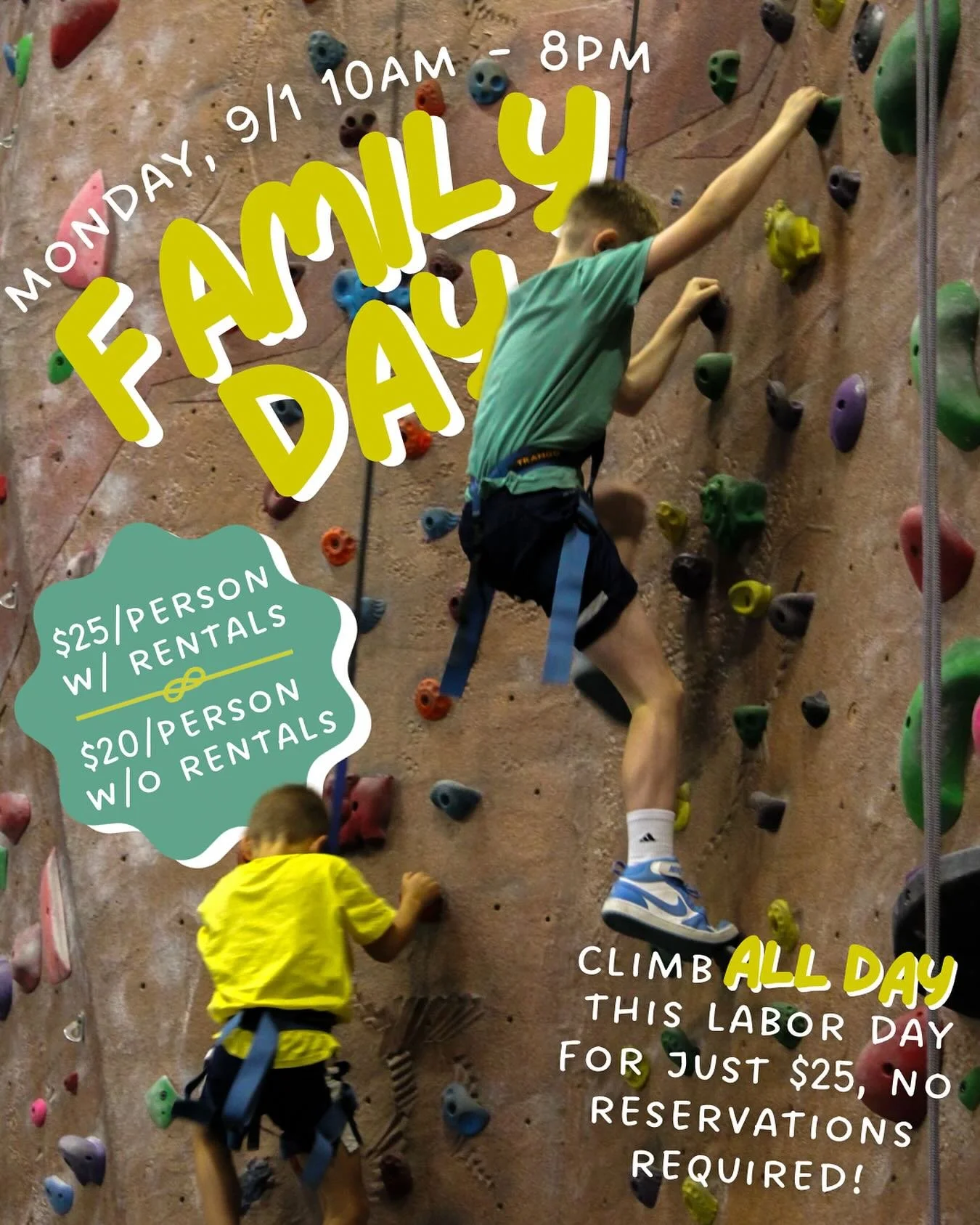 This Labor Day is Family Day at Rockville!! 🤩 We&rsquo;ll be open from 10AM to 8PM and offering a special Family Day rate of $25 for a day pass and gear rentals! Already have gear? Then it&rsquo;s just $20! The whole family can climb ALL DAY for jus