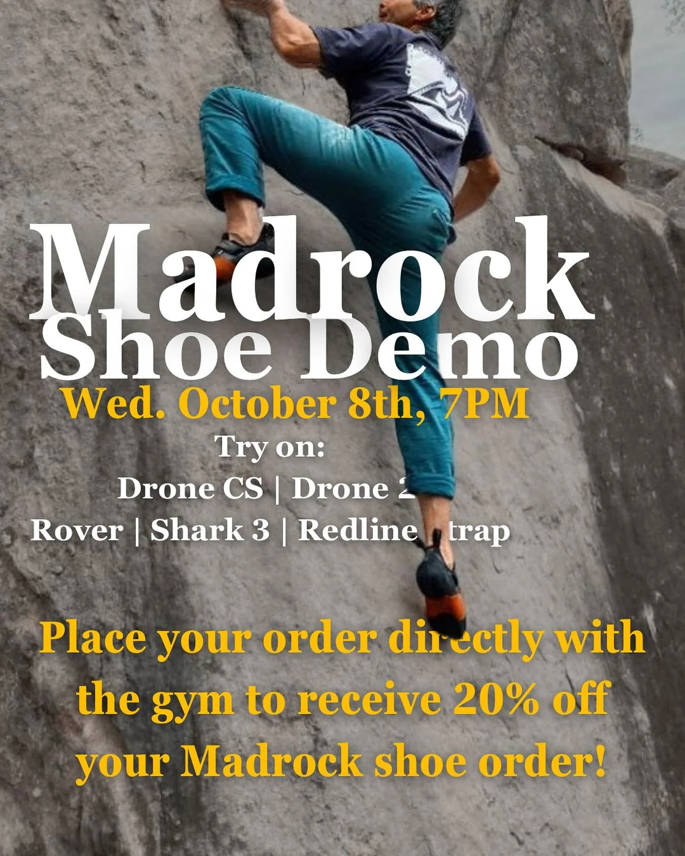 @captn_chris_picard is hosting another @madrockclimbing shoe demo this Wednesday at Rockville! Come in from 7 to 9 this Wednesday, October 8th to try on a variety of shoe styles with expert advice on sizing and fit! Plus, receive 20% off your purchas