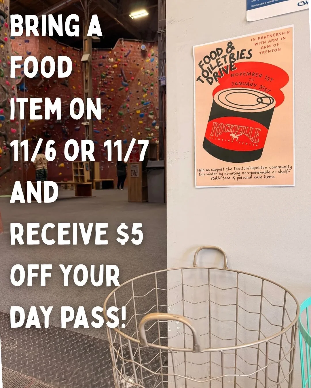 Join Rockville in supporting the Hamilton &amp; Trenton community by donating to our food &amp; toiletries drive! this Thursday 11/6 or Friday 11/7, bring in one donation item to receive $5 off your day pass! 

From now until January 31st, Rockville 