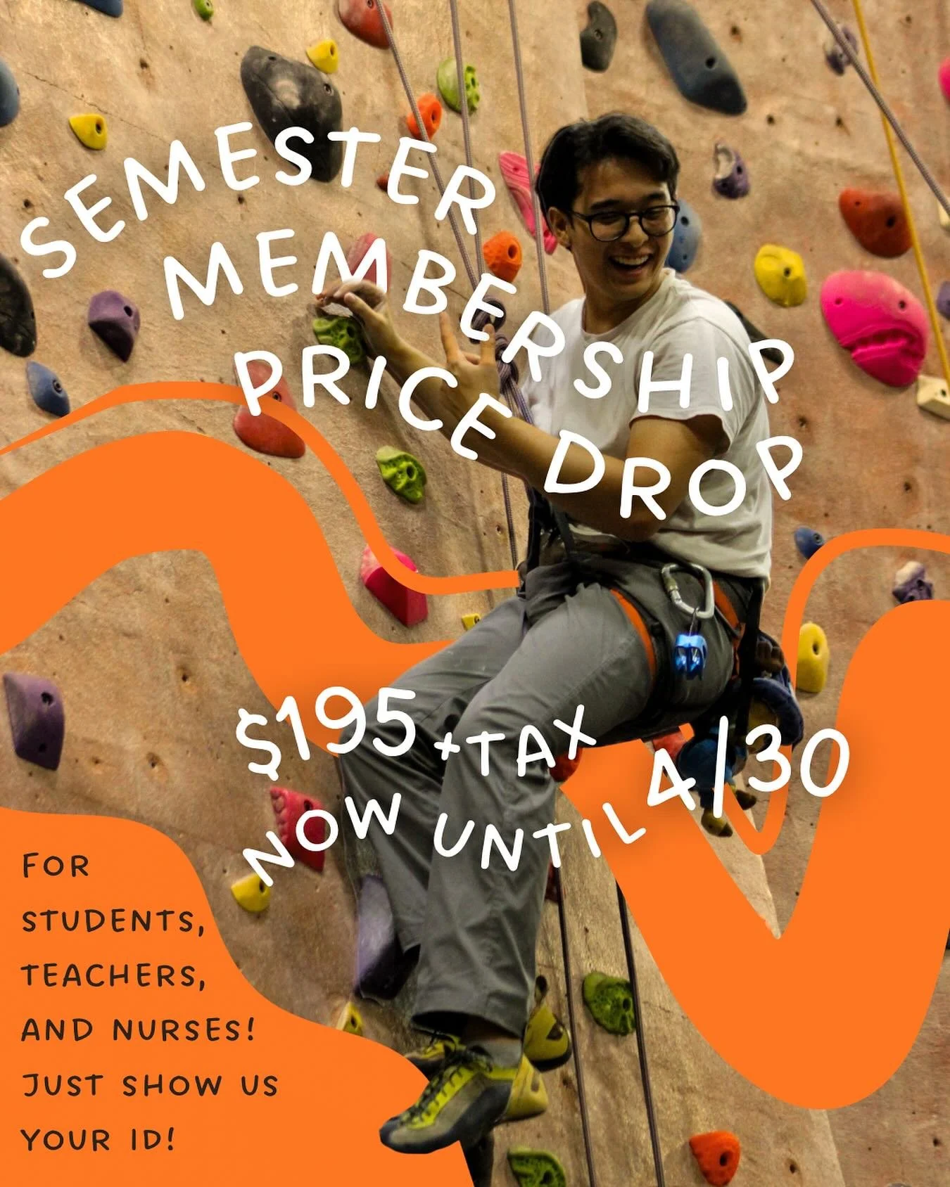 January&rsquo;s almost gone, so we&rsquo;ve dropped the price on our Semester Membership for students, teachers, and nurses!!! 💪❤️ $195+tax for unlimited climbing from now until 4/30! 

#njclimbers #bouldering #indoorclimbing #hamiltonnj #princetonn