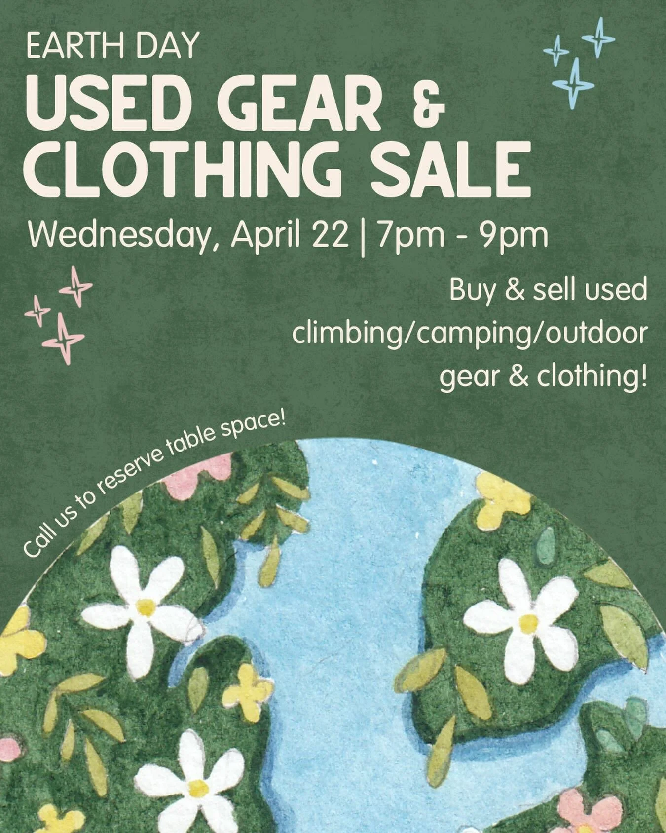 Next Wednesday is Earth Day! Join us for a used gear &amp; clothing sale at Rockville on 4/22 from 7pm-9pm. Call us to reserve yourself table space!