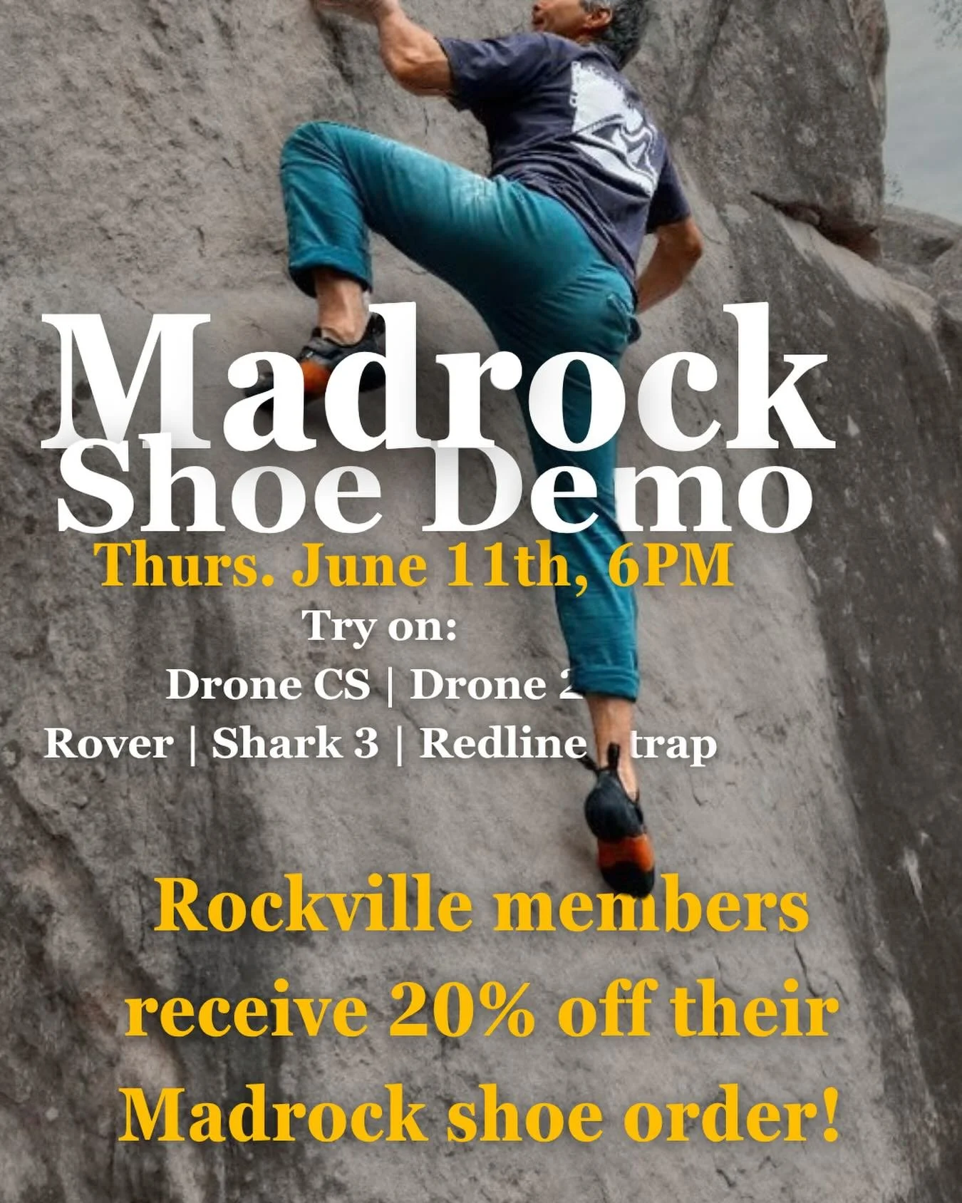 Join us this Thursday for a @madrockclimbing shoe demo courtesy of @captn_chris_picard ! Rockville members get 20% off their shoe order when they purchase through Rockville! See you there!