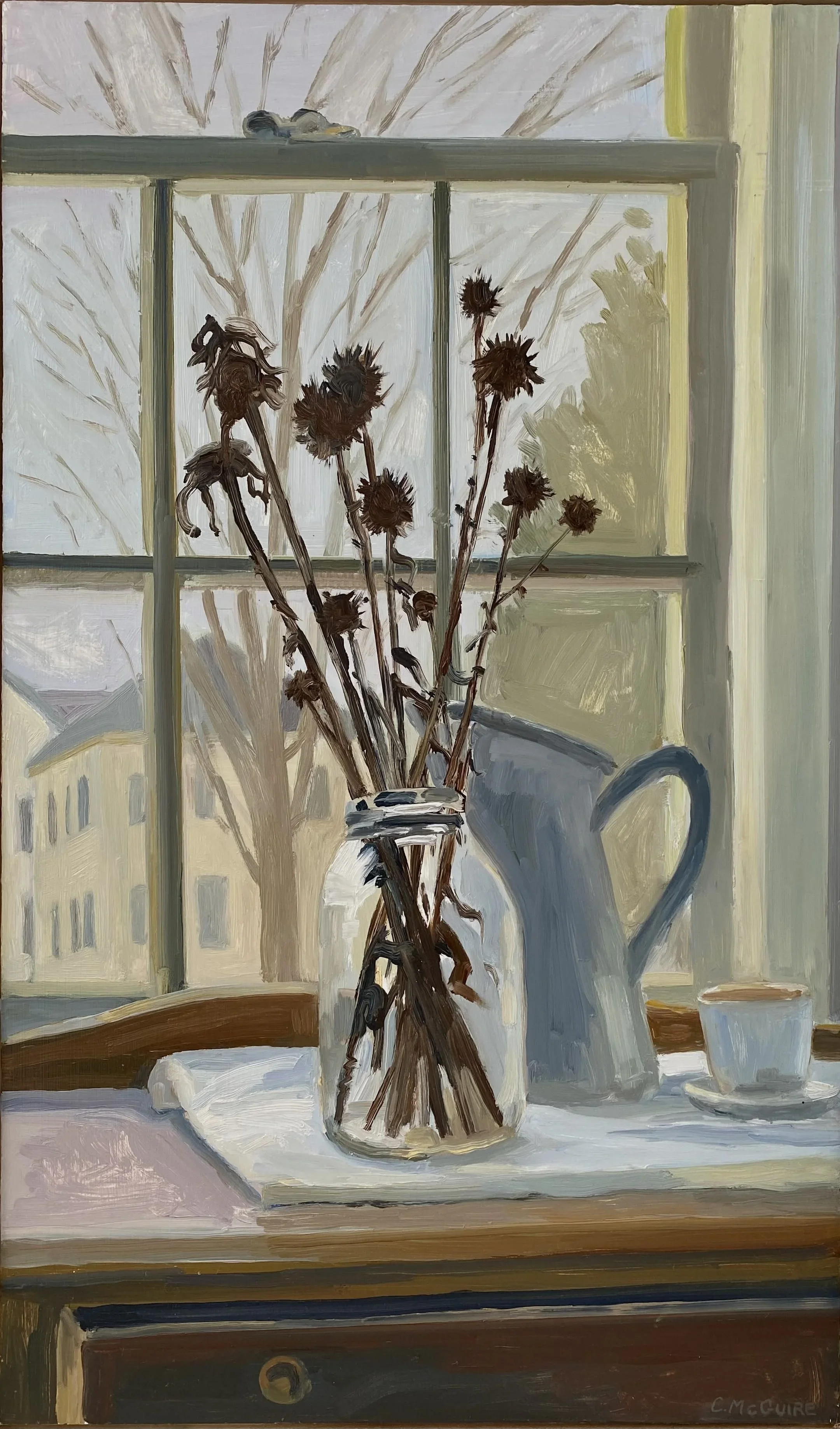 Still Life with Dried Coneflowers, 2024, oil on panel, 24 x 15"