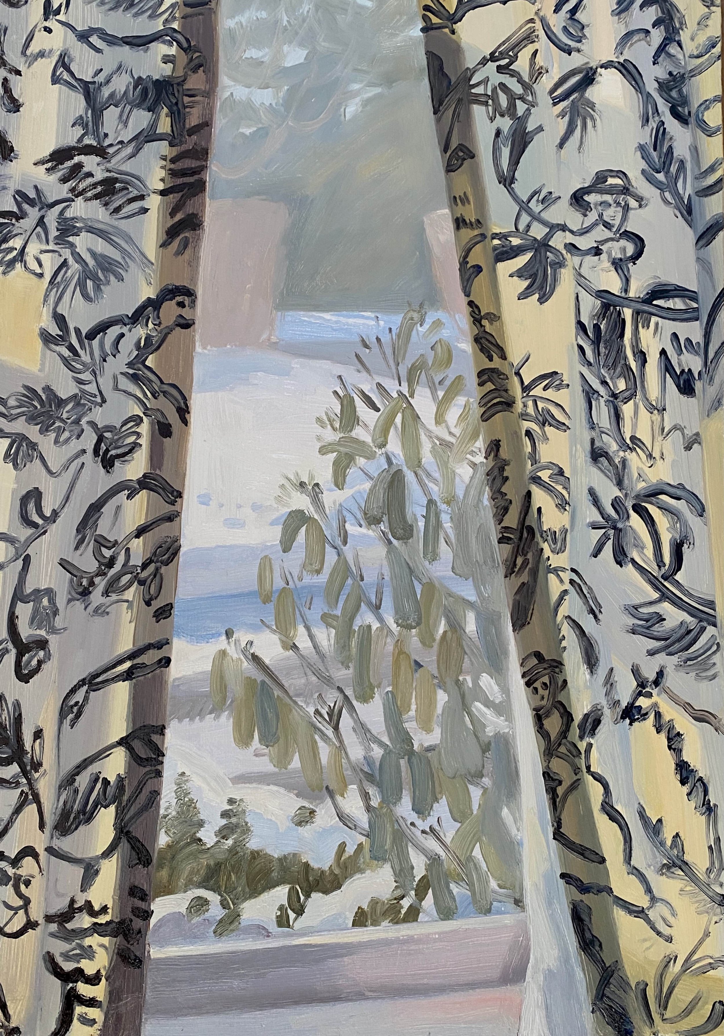 Toile Curtains I, 2025, oil on panel, 17.5 x 12"