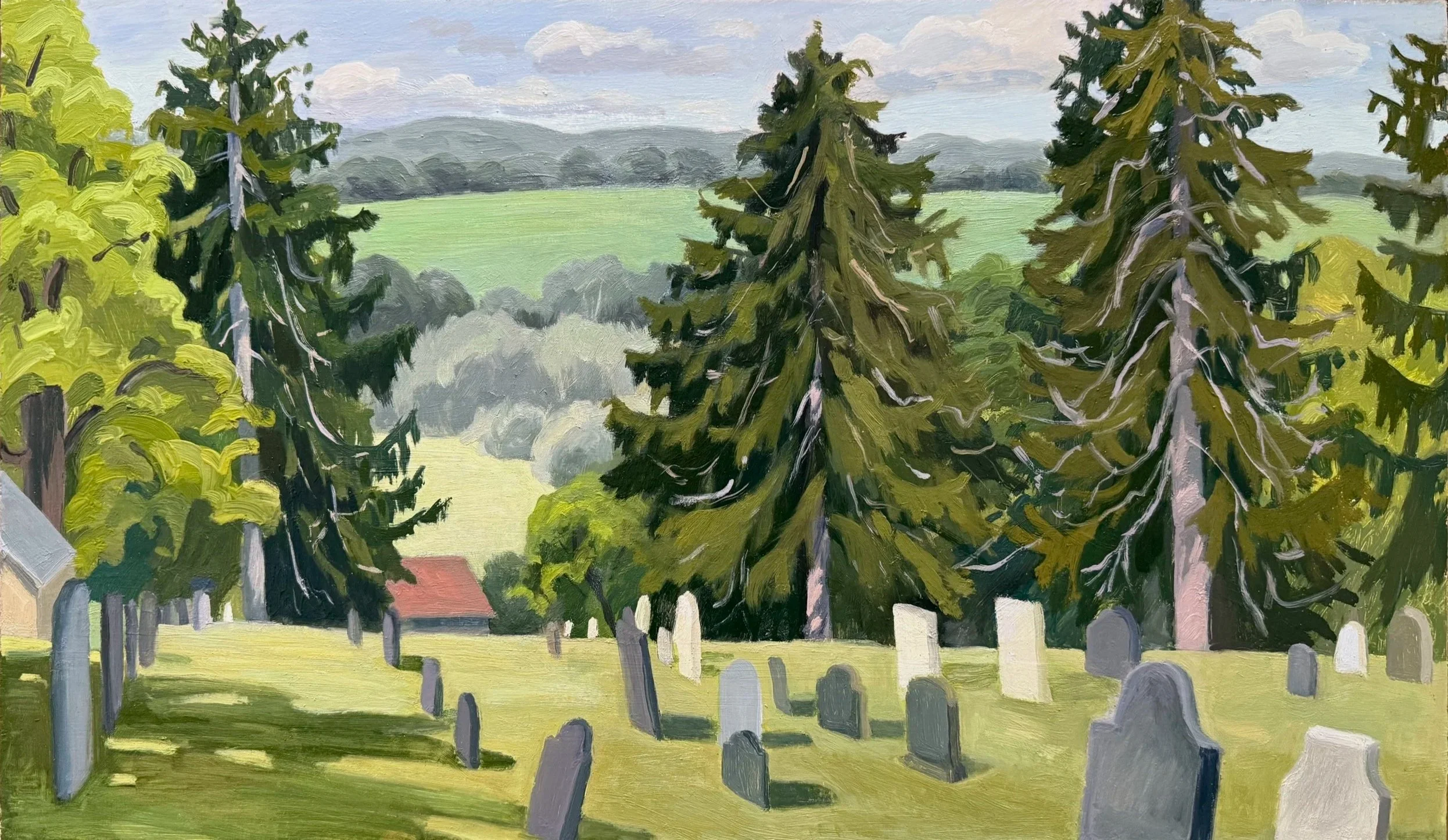 View from Sharon Cemetery, 2025, oil on panel, 15 x 24"