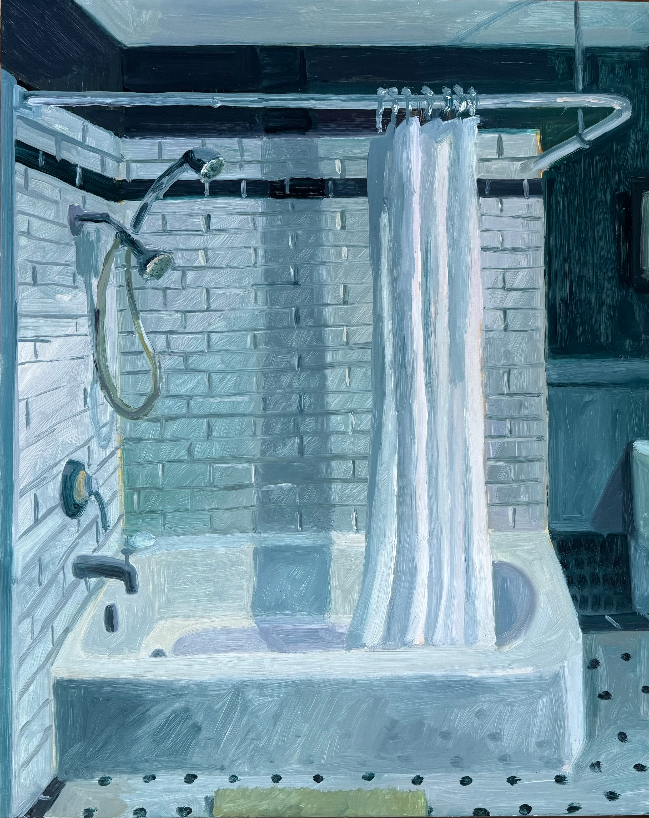 Shower Curtain and Shadow, 2026, oil on panel, 20 x 16"