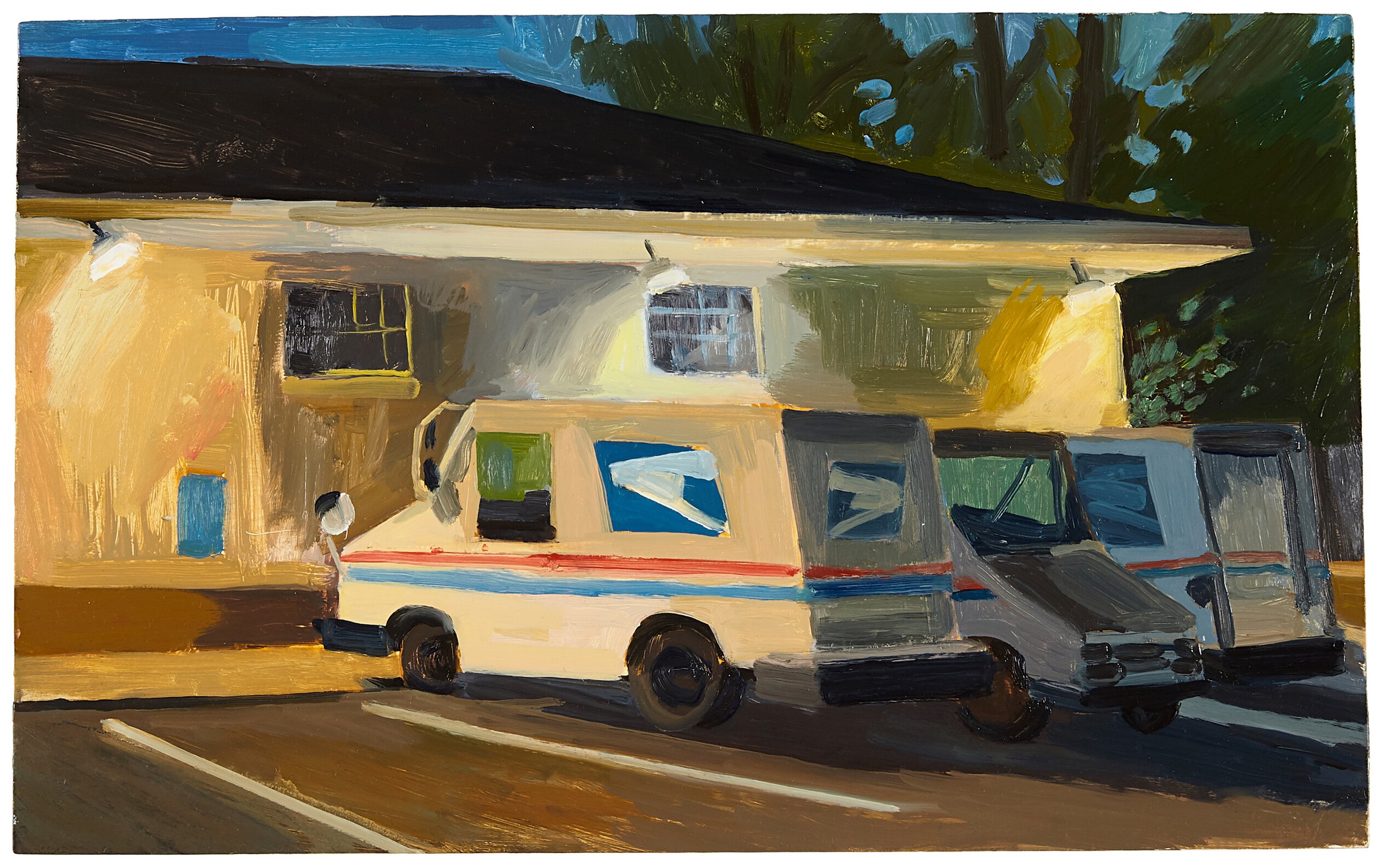 Postal Trucks, 2023, oil on panel, 14 x 17.5"