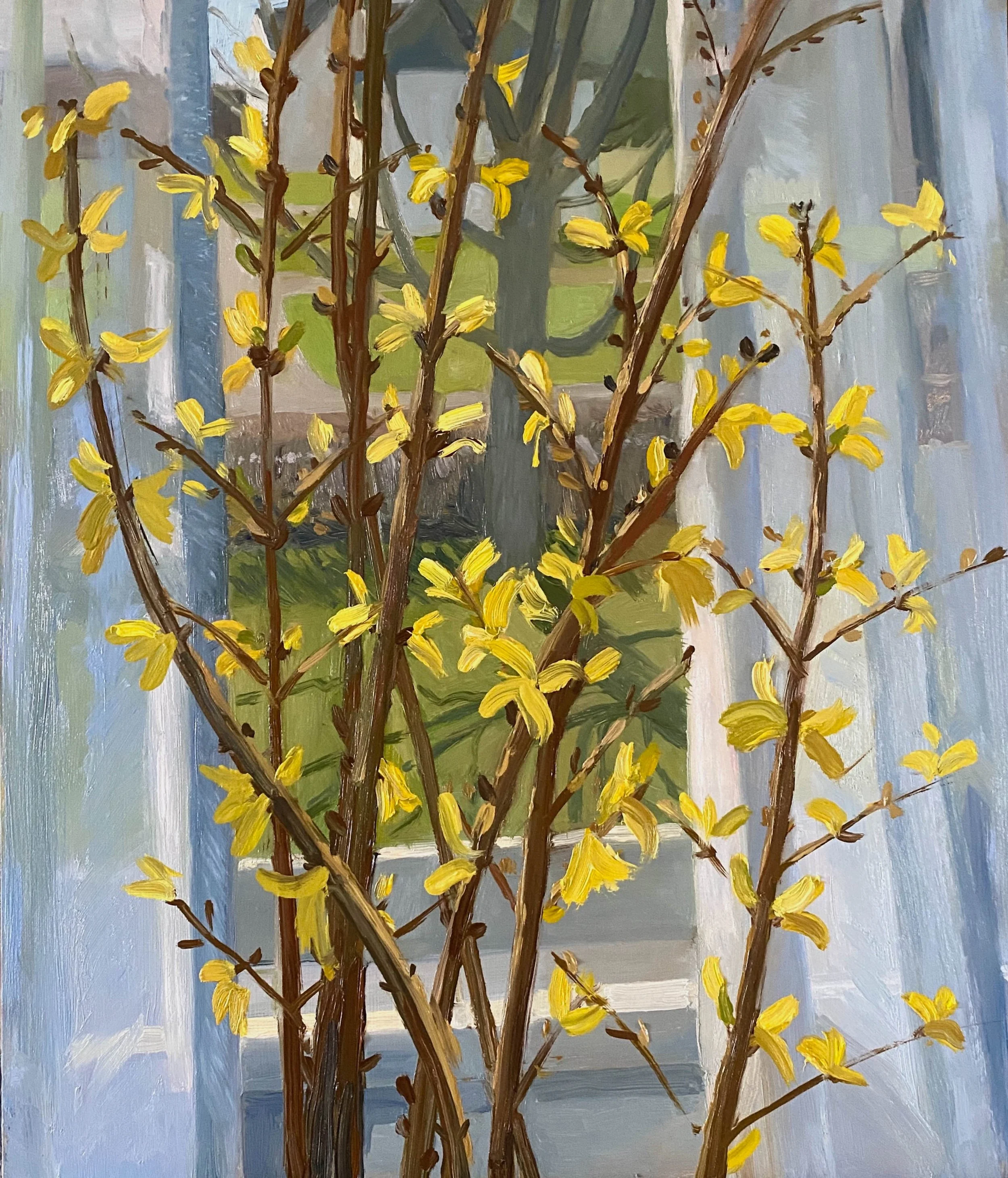 Forsythia and Sheers, 2025, oil on panel, 15.4 x 13"