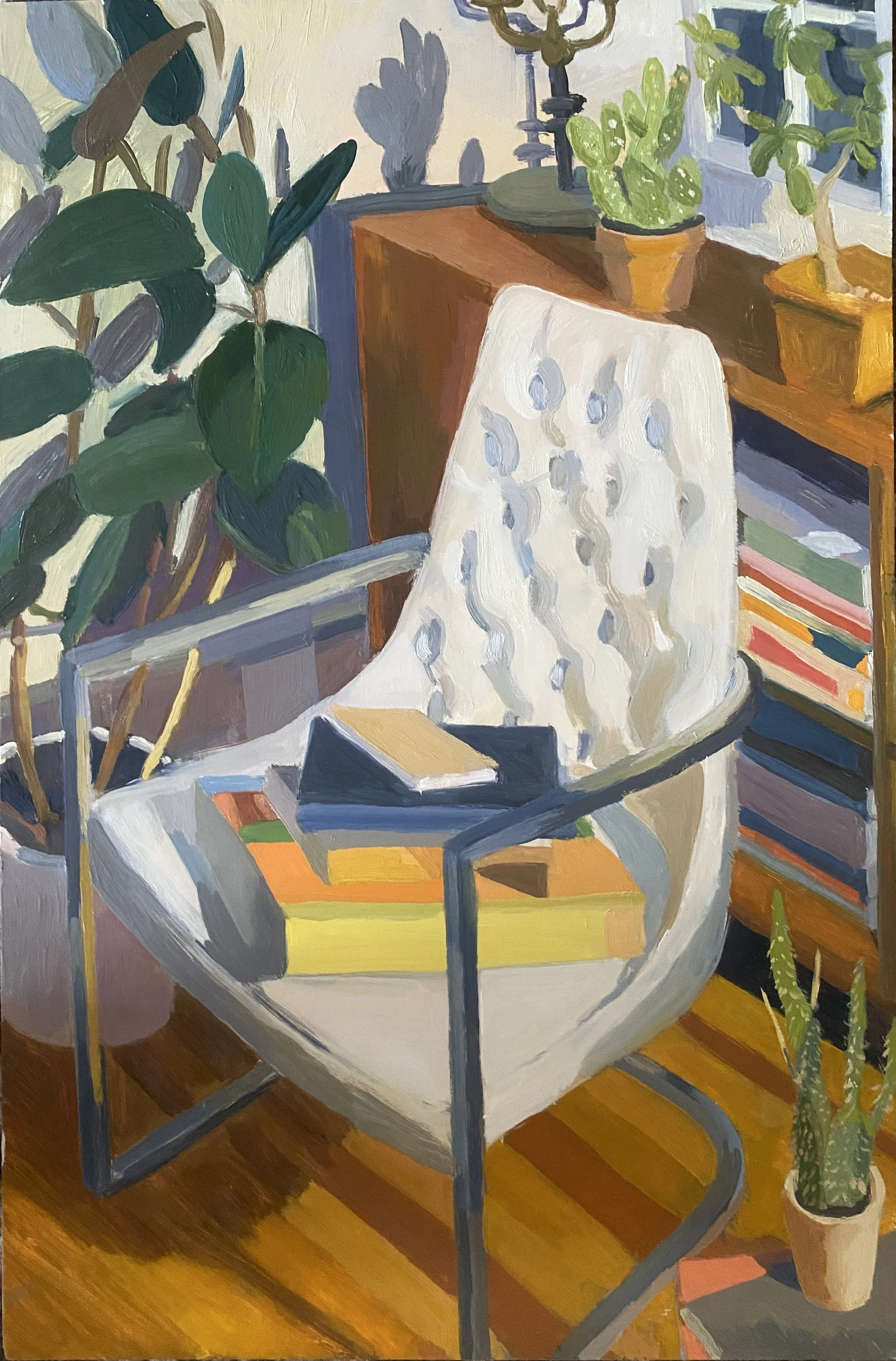 Still Life with Books and Plants, 2023, oil on panel, 24 x 16"