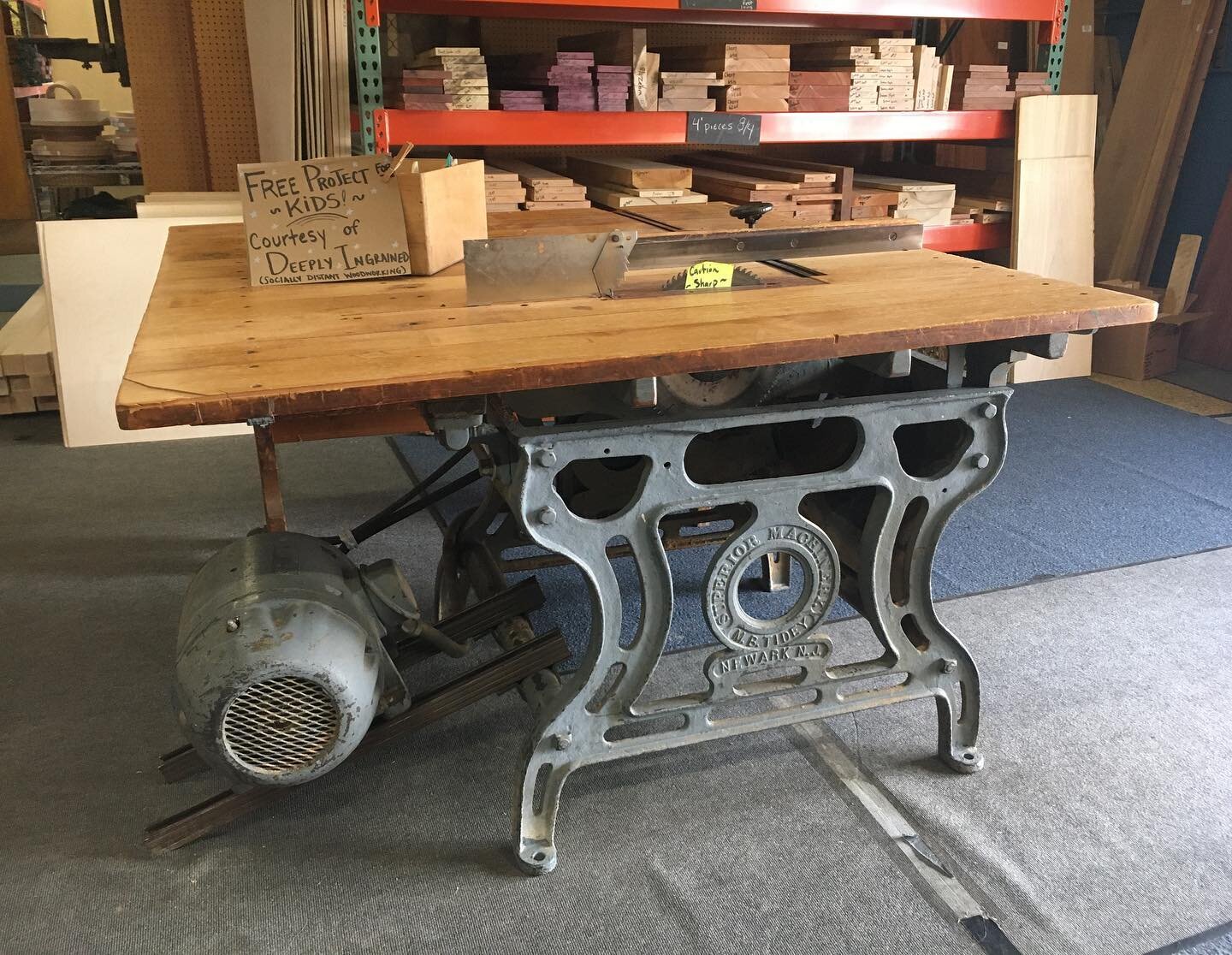 🪚Come see historical pieces at the wood museum (aka. our showroom - ha)!🪚
🪚This is our 1888 Marcus B. Tidey tablesaw, which used to be steam-powered. It was converted to electric &amp; we used it in our shop until about 2019. It is still in workin