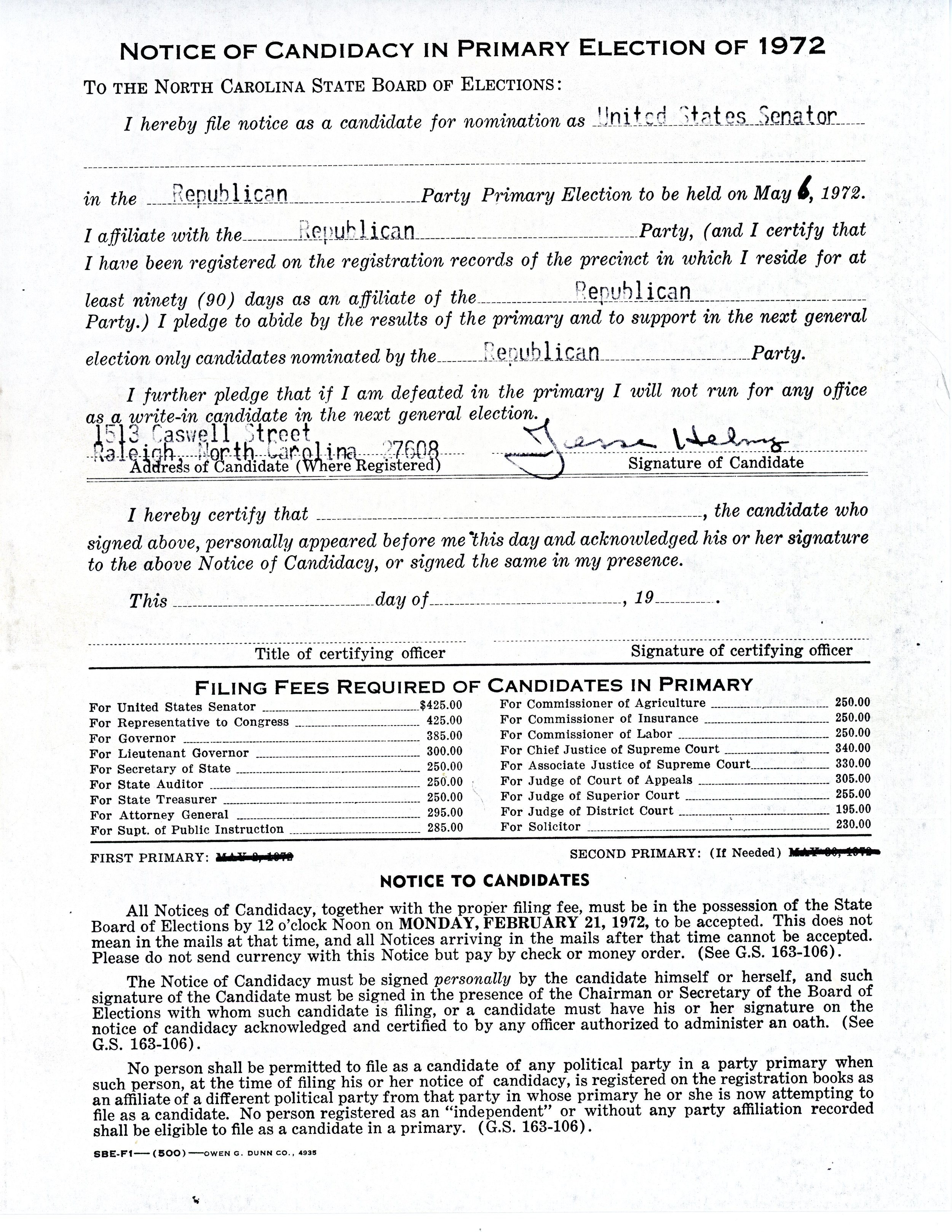 Notice of Candidacy in Primary Election of 1972, signed by Jesse Helms