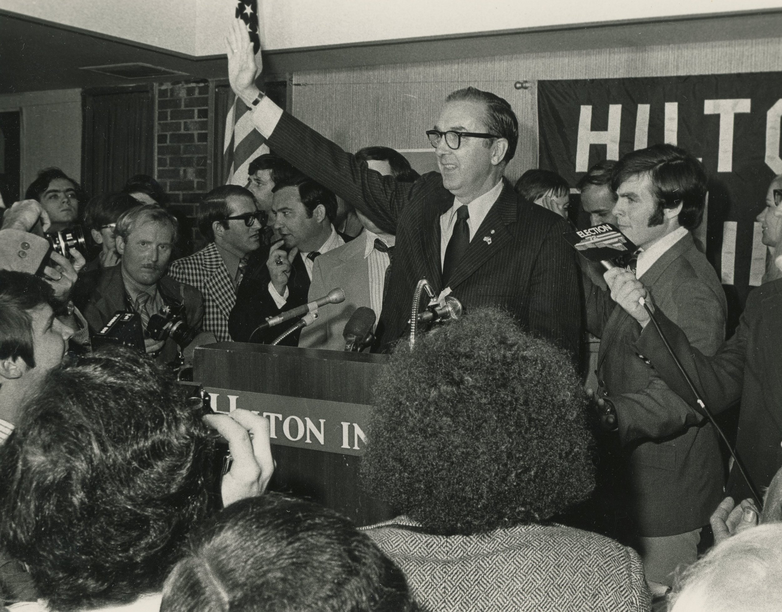 Newly elected Senator Jesse Helms delivering his victory speech on November 7, 1972.