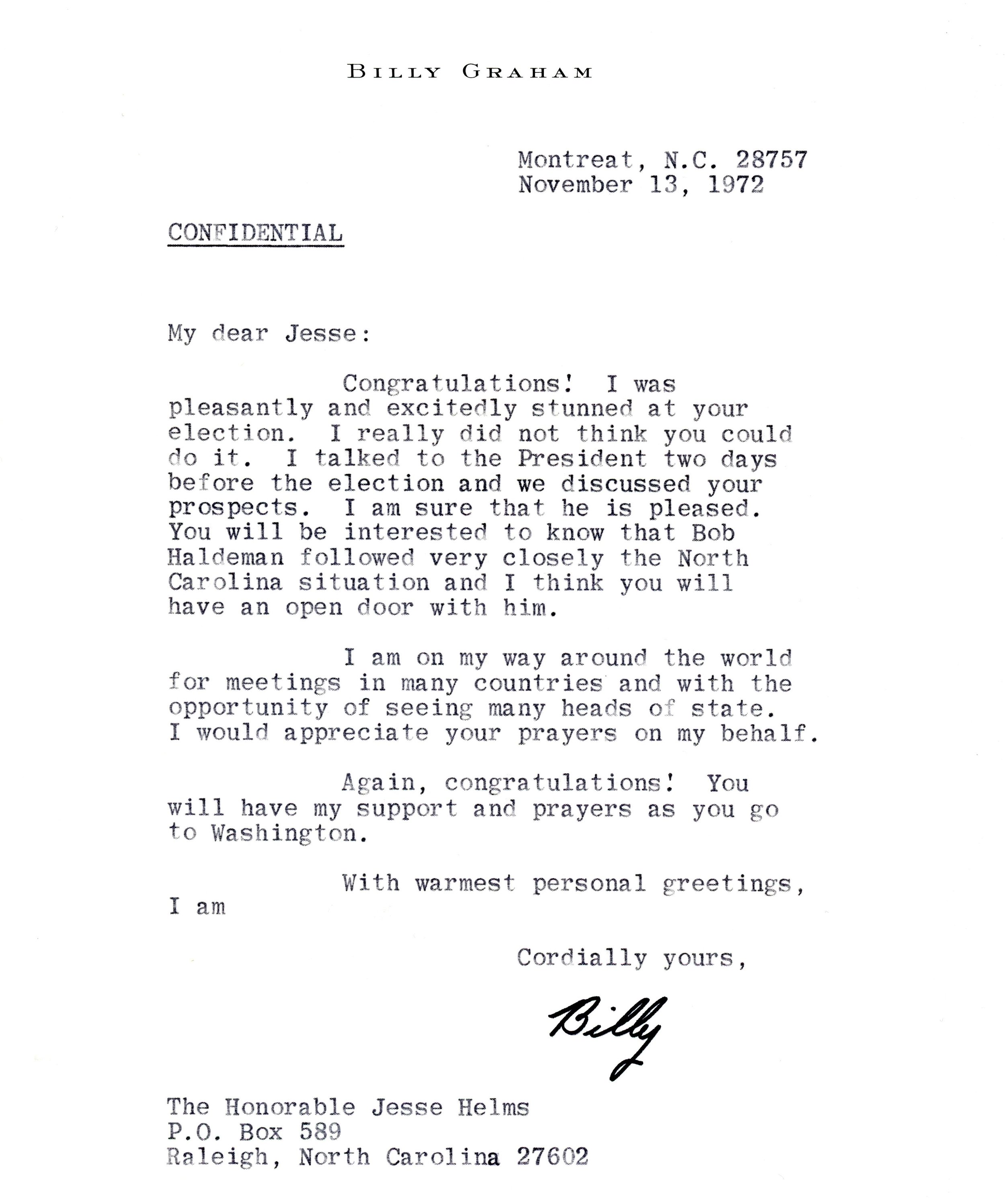 Letter of congratulations to newly elected Senator Jesse Helms from Billy Graham.