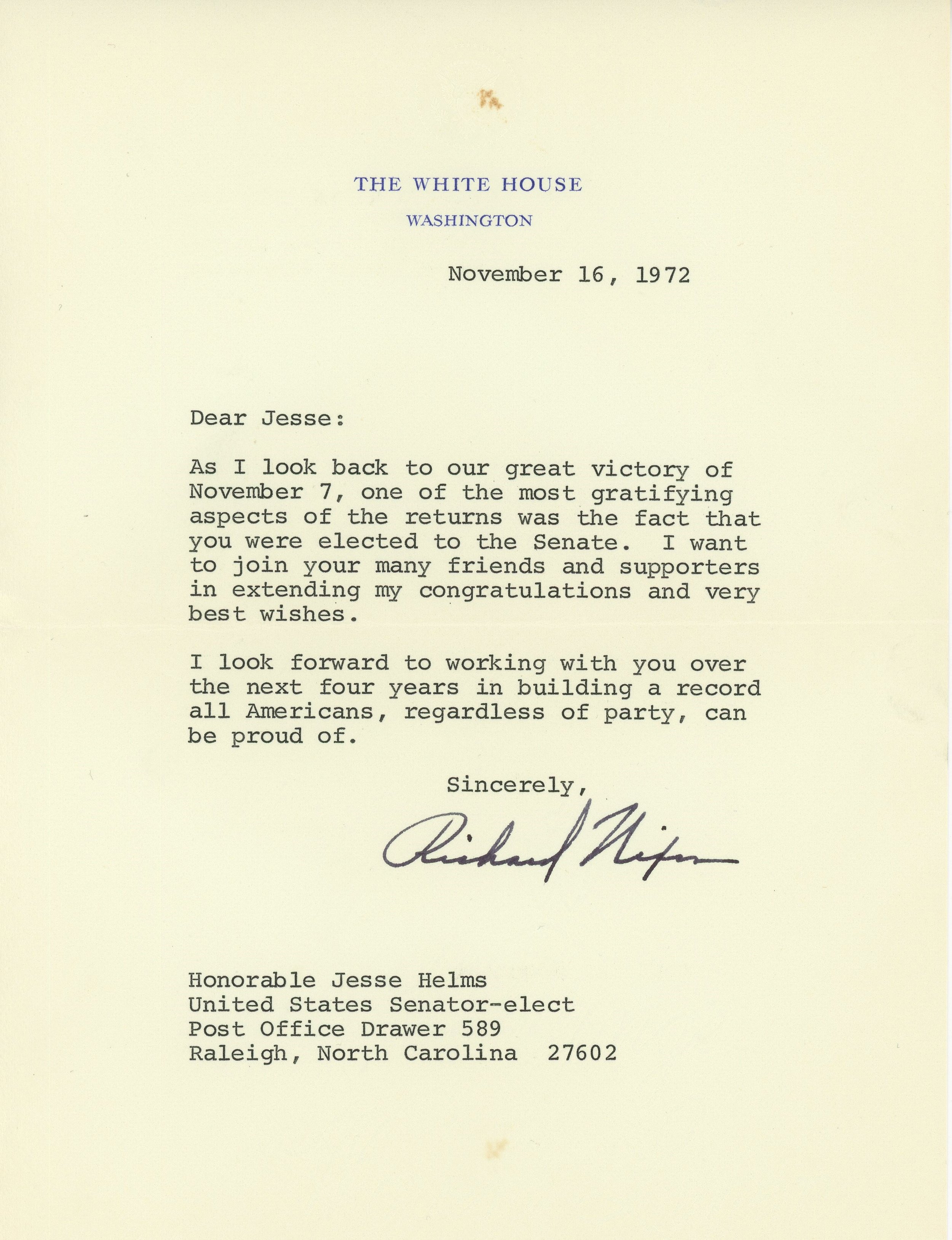 Letter of congratulations to newly elected Senator Jesse Helms from President Richard Nixon.