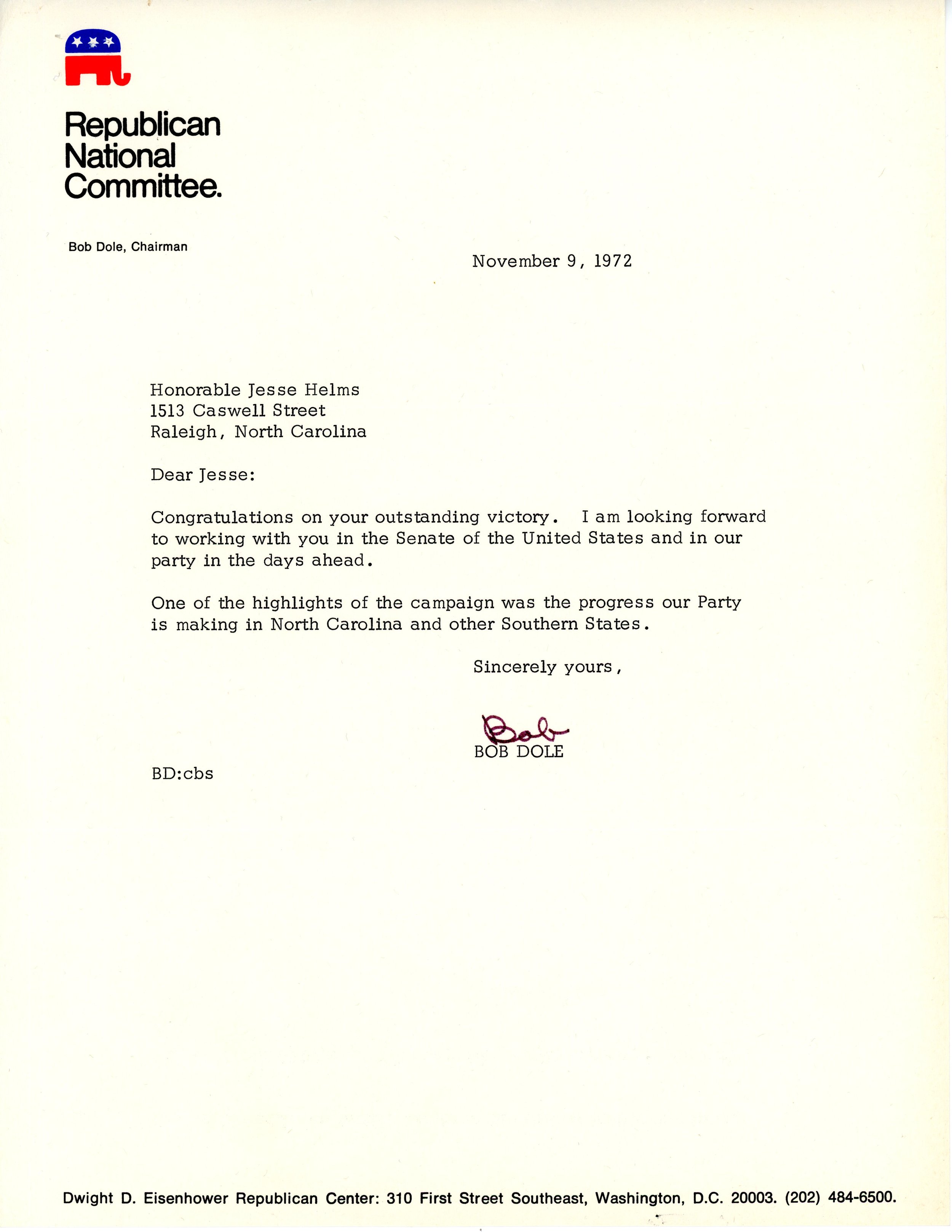Letter of congratulations to newly elected Senator Jesse Helms from Bob Dole.