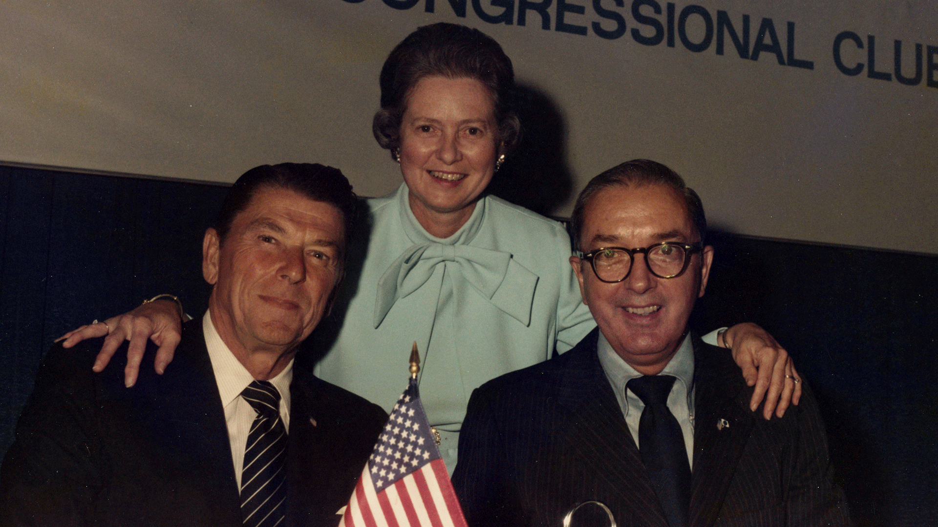 Ronald Reagan, Dorothy Helms and Senator Helms at a campaign event, 1976.